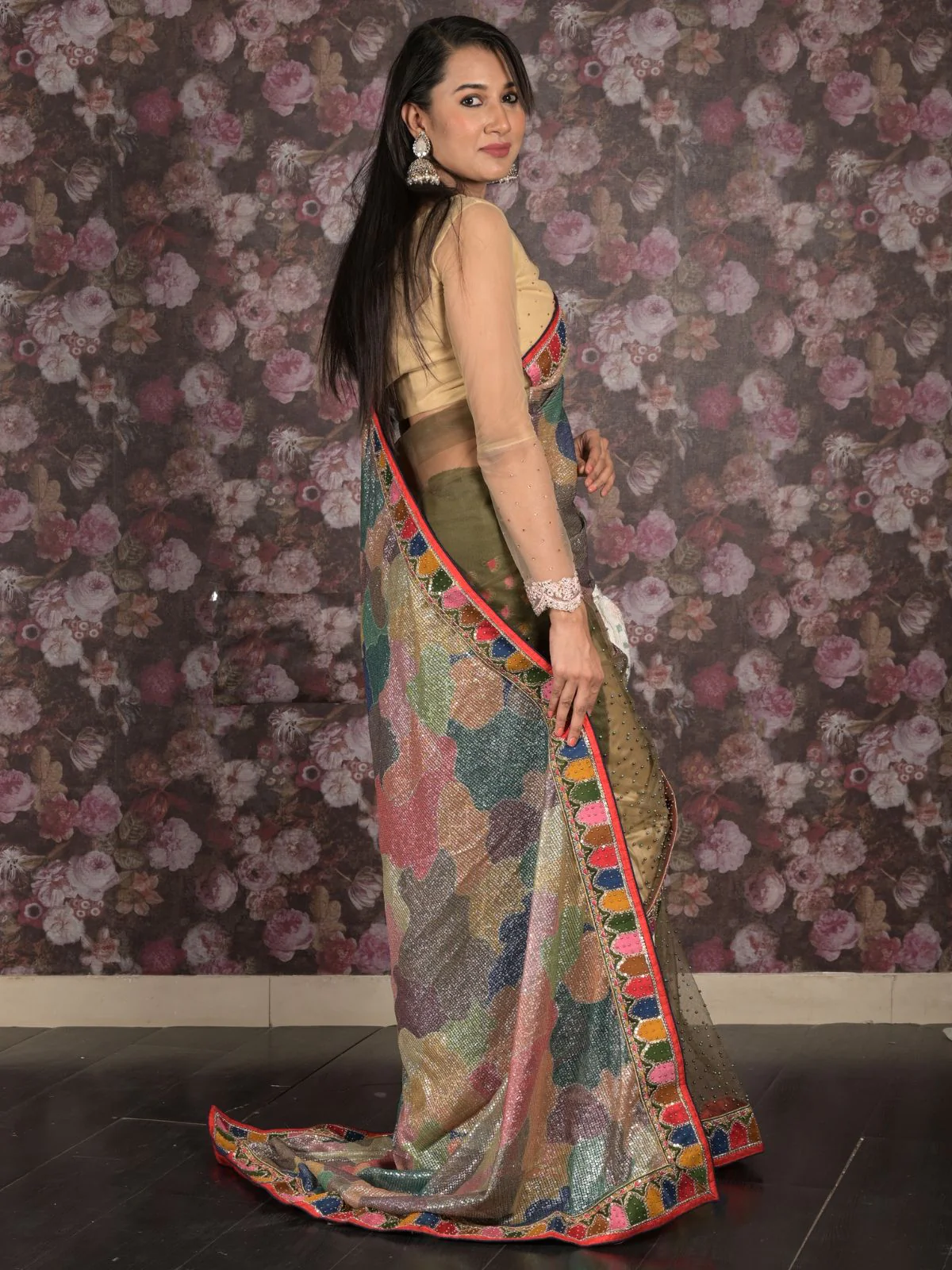 Odette Multicolored Sequins Embellished Heavy Net Saree With Unstitched Blouse For Women - Image 3