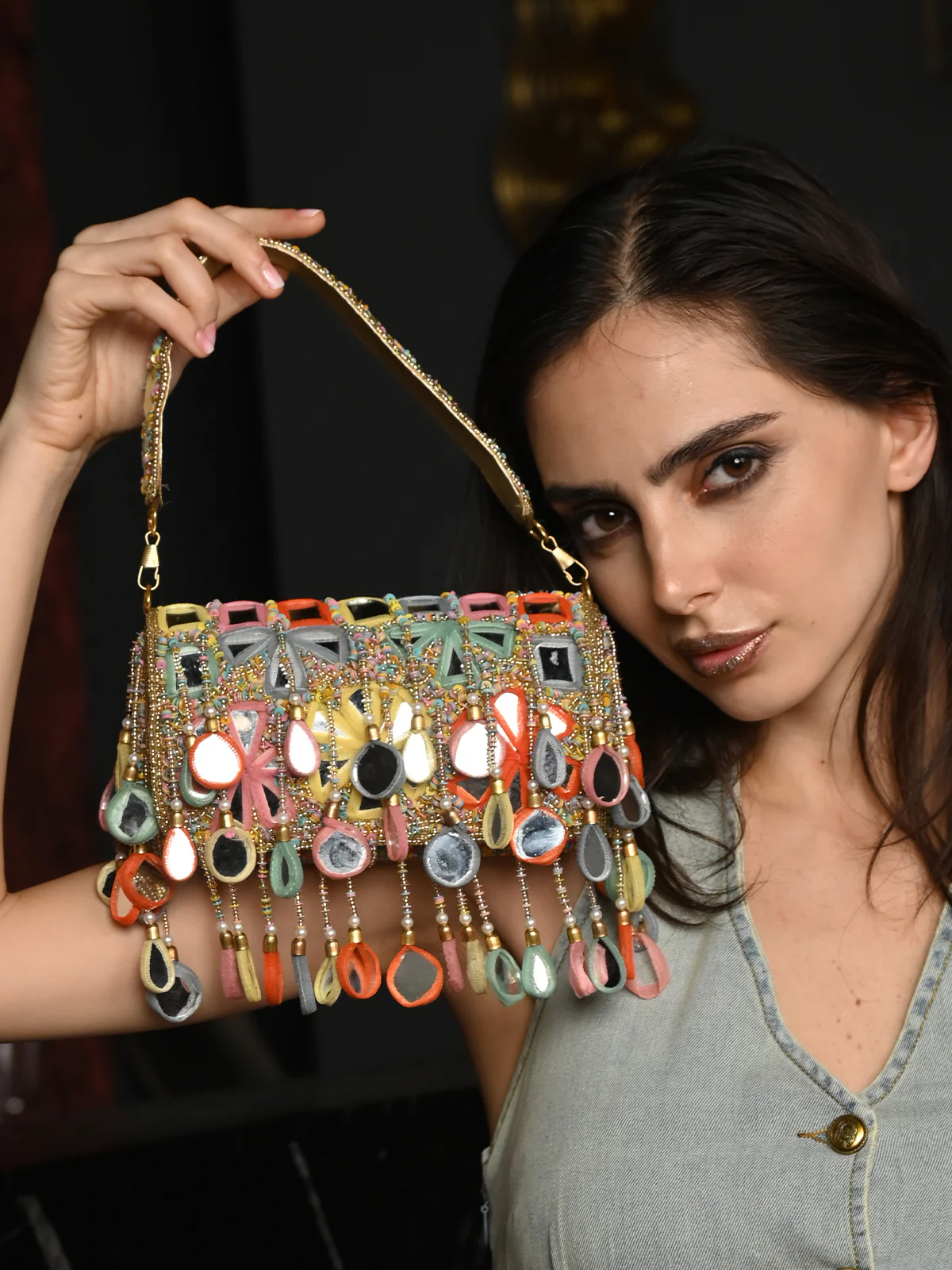 Odette Multicolored Tassels Embellished Clutch For Women