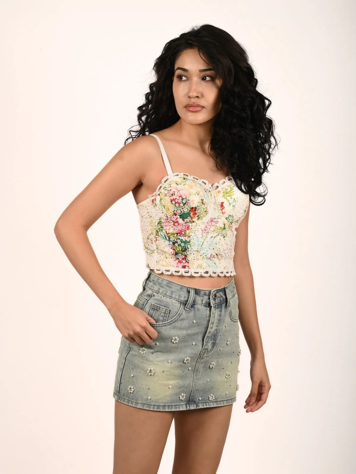 Odette Multicolour Cotton Blend Printed Corset Top For Women