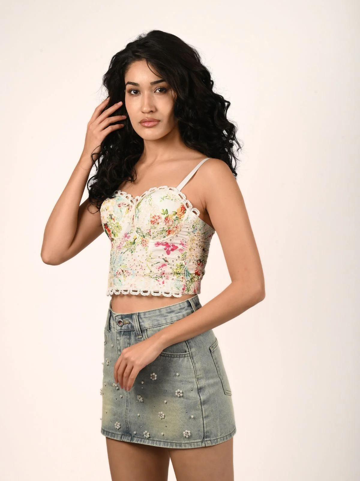 Odette Multicolour Cotton Blend Printed Corset Top For Women - Image 2