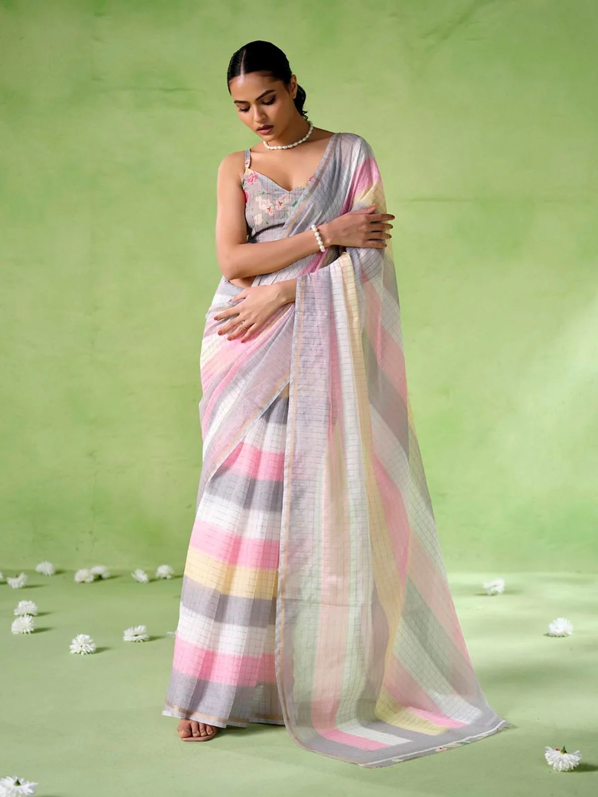 Odette Multicolour Cotton Linen Solid Printed Saree For Women
