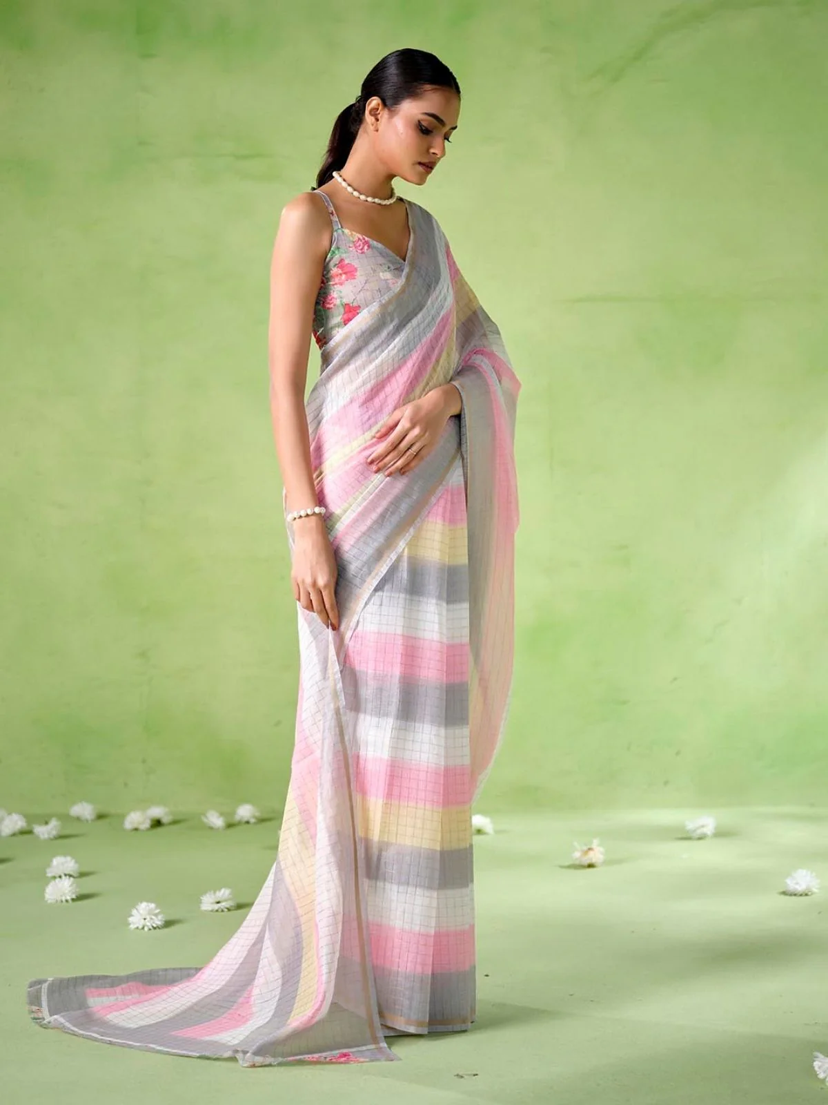 Odette Multicolour Cotton Linen Solid Printed Saree For Women - Image 2