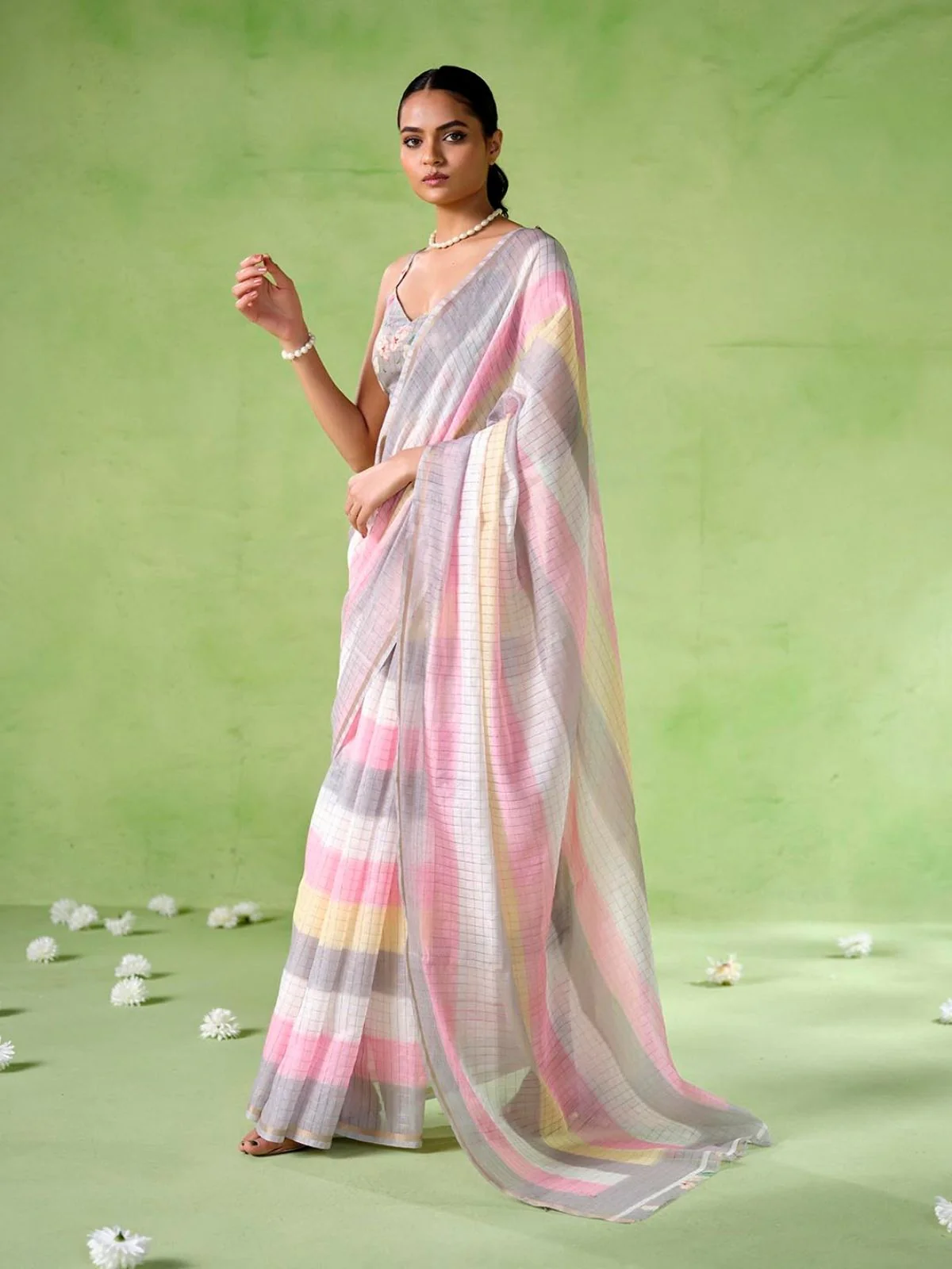 Odette Multicolour Cotton Linen Solid Printed Saree For Women - Image 3