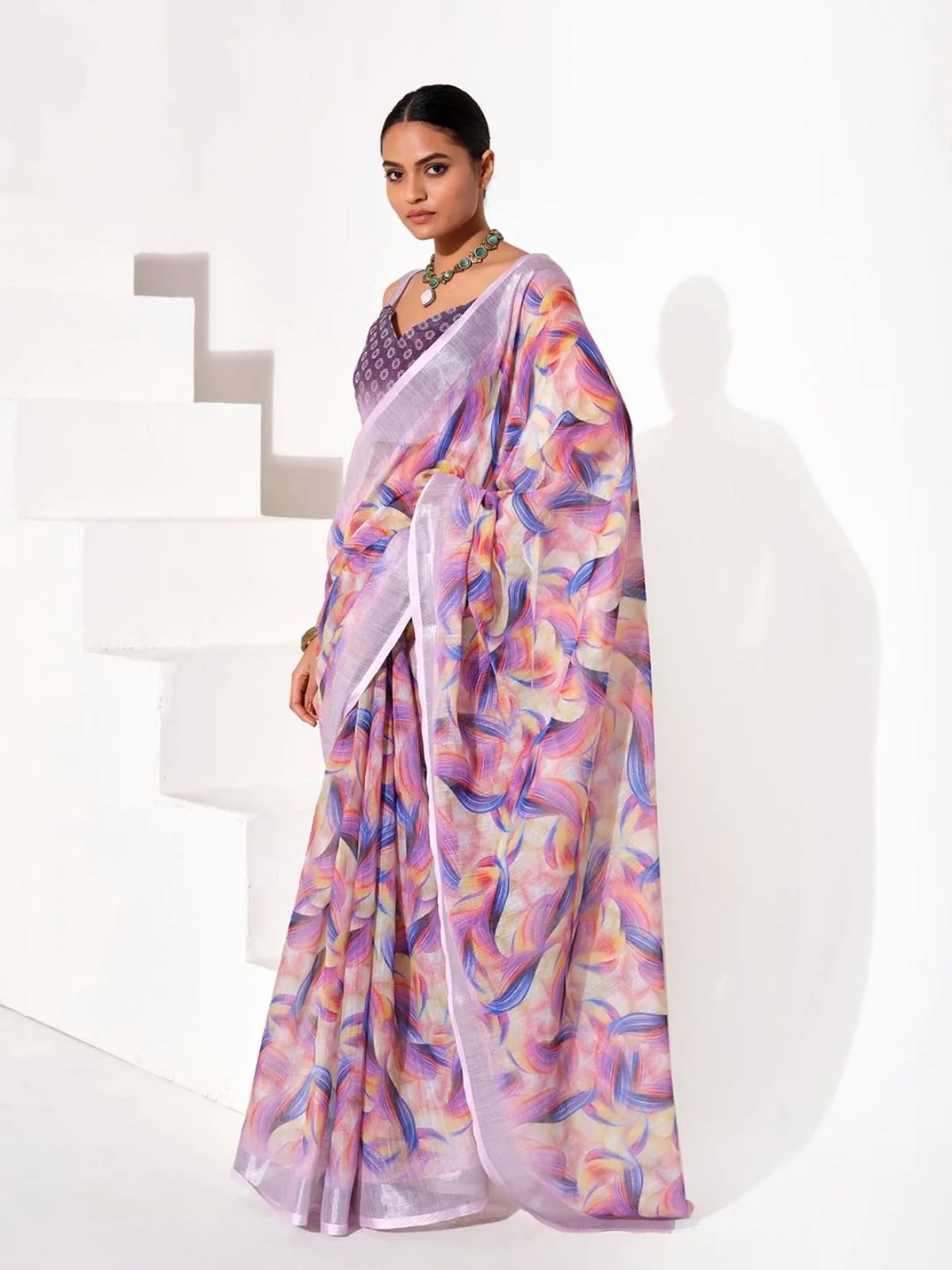Odette Multicolour Cotton Linen Solid Printed Saree For Women - Image 2