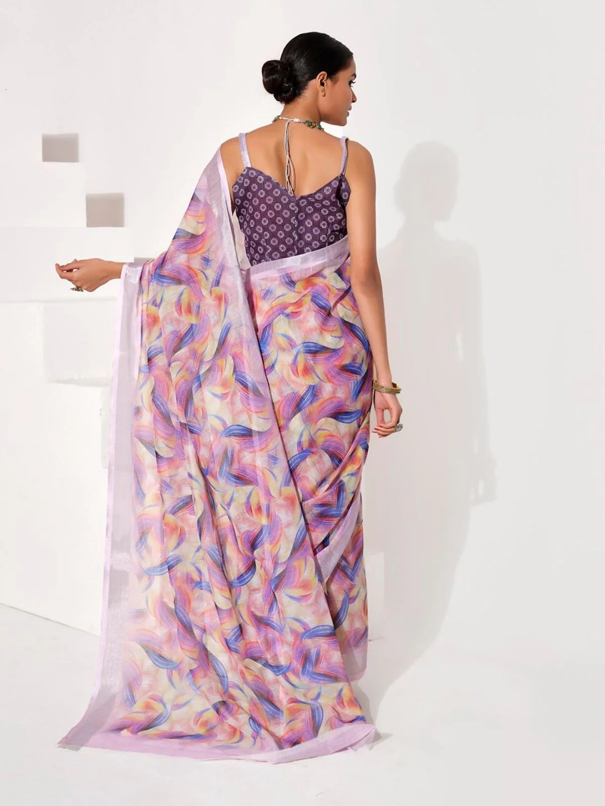 Odette Multicolour Cotton Linen Solid Printed Saree For Women - Image 4