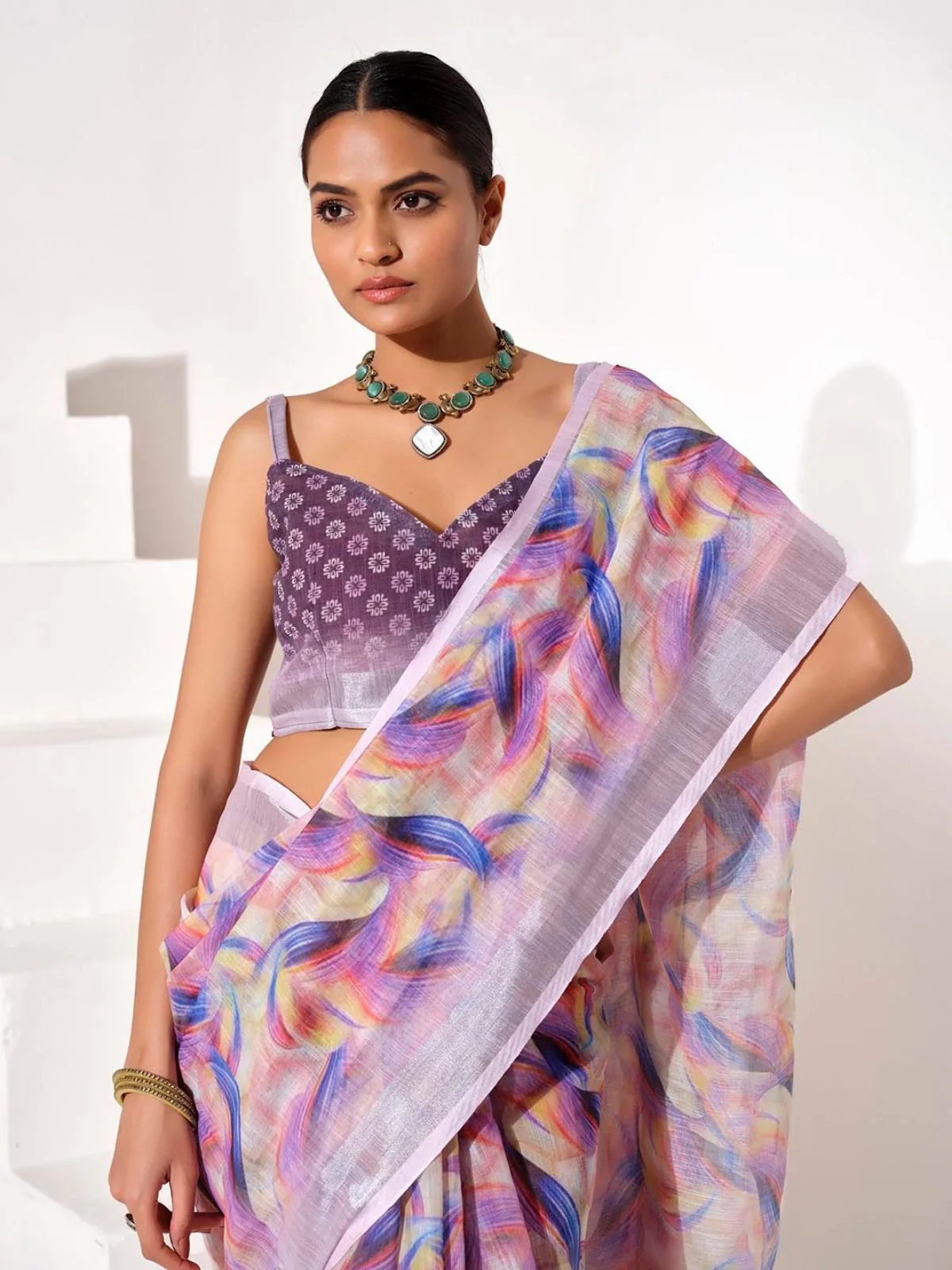 Odette Multicolour Cotton Linen Solid Printed Saree For Women - Image 5