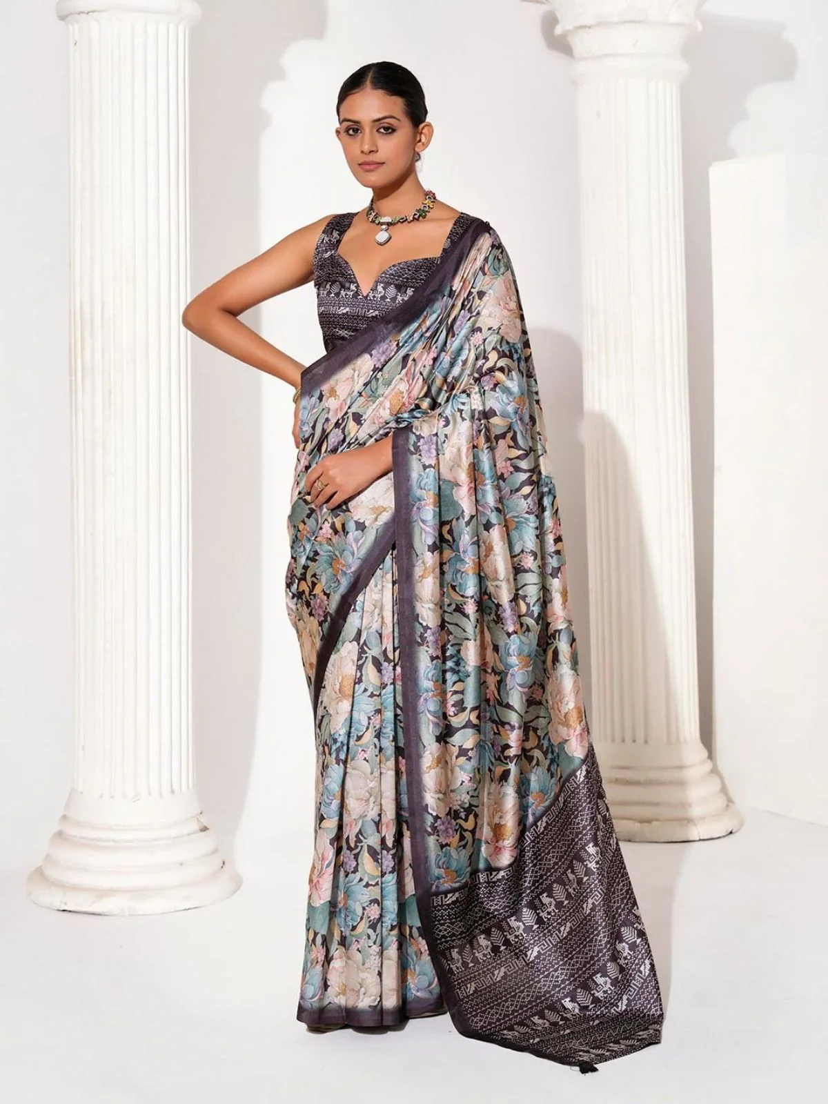 Odette Multicolour Cotton Linen Solid Printed Saree For Women