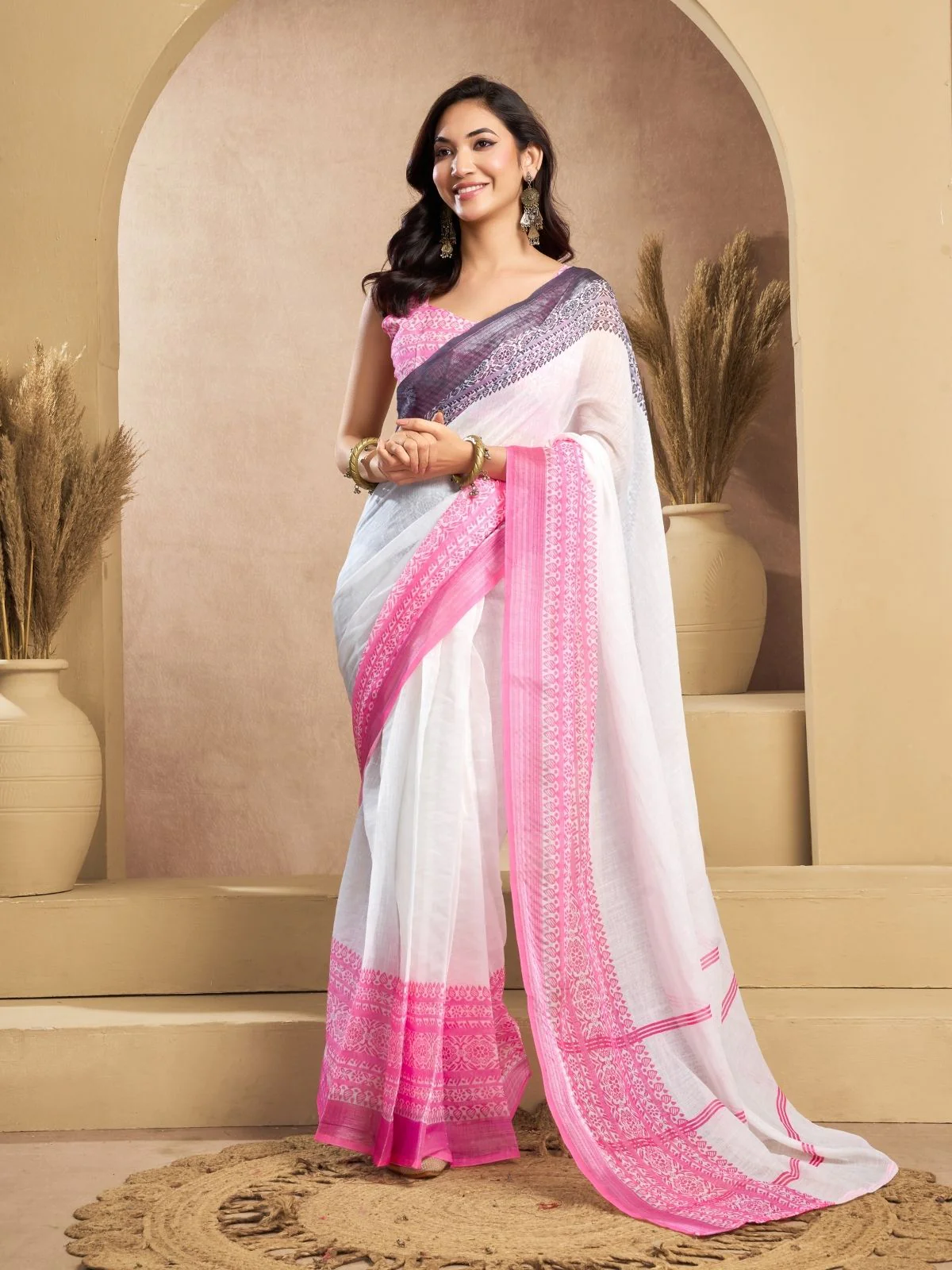Odette Multicolour Cotton Linen Zari Work Saree For Women