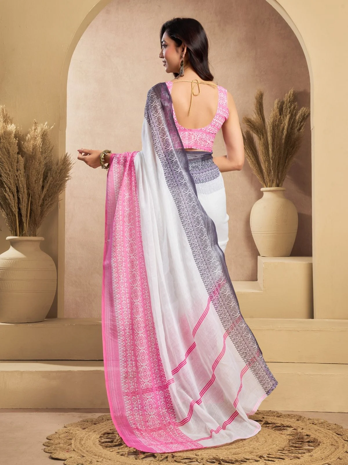 Odette Multicolour Cotton Linen Zari Work Saree For Women - Image 4