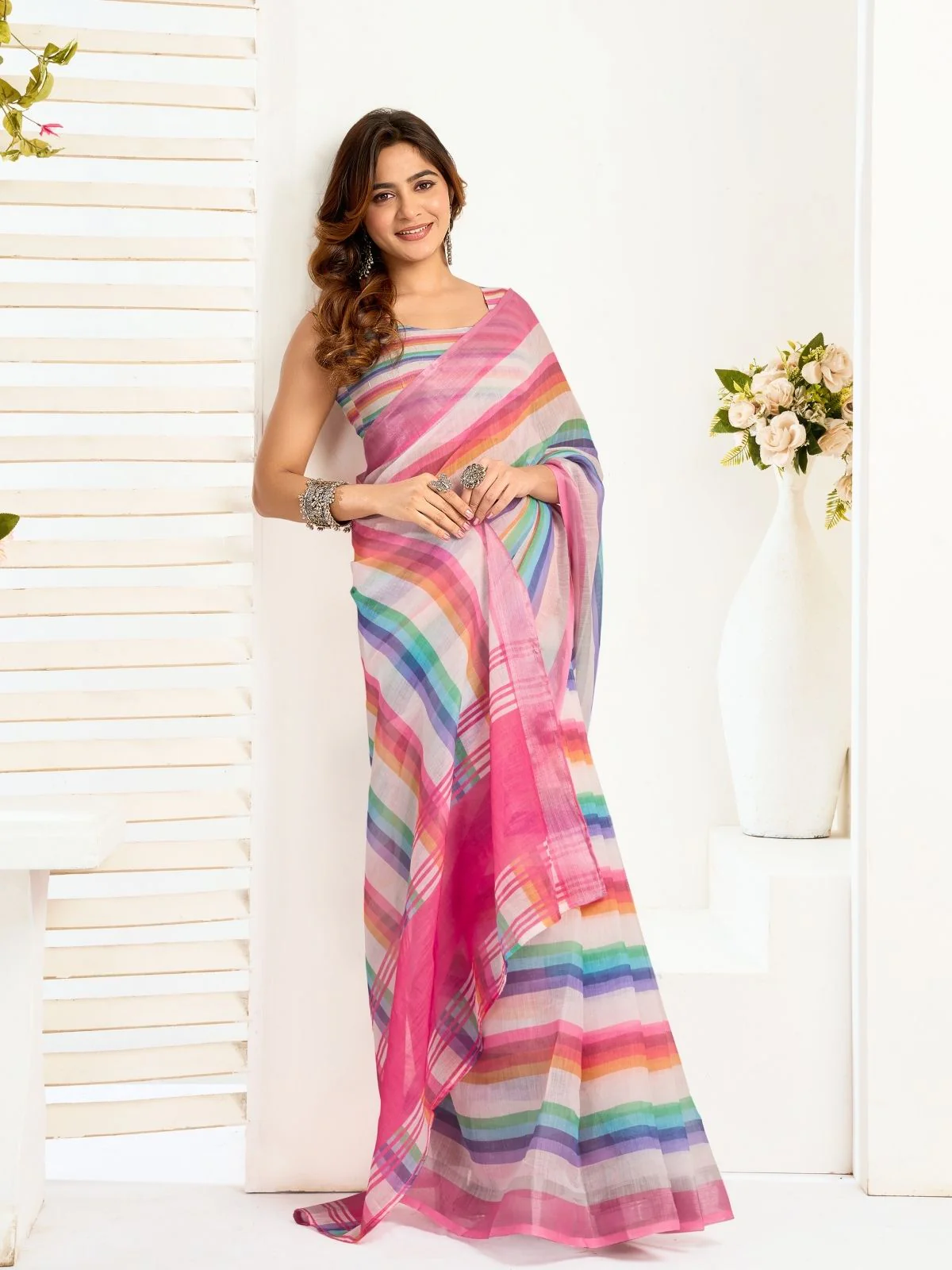 Odette Multicolour Cotton Linen Zari Work Saree For Women - Image 3
