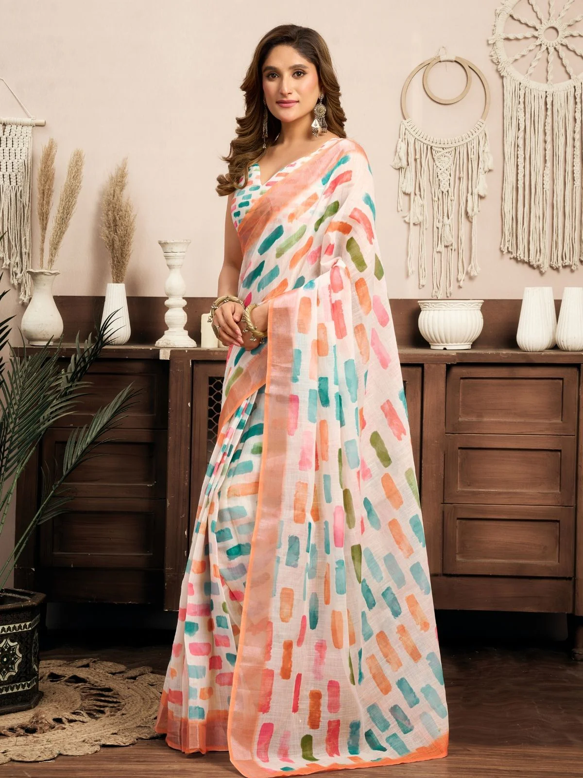 Odette Multicolour Cotton Linen Zari Work Saree For Women - Image 2