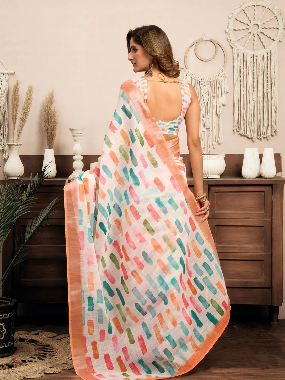 Odette Multicolour Cotton Linen Zari Work Saree For Women - Image 4