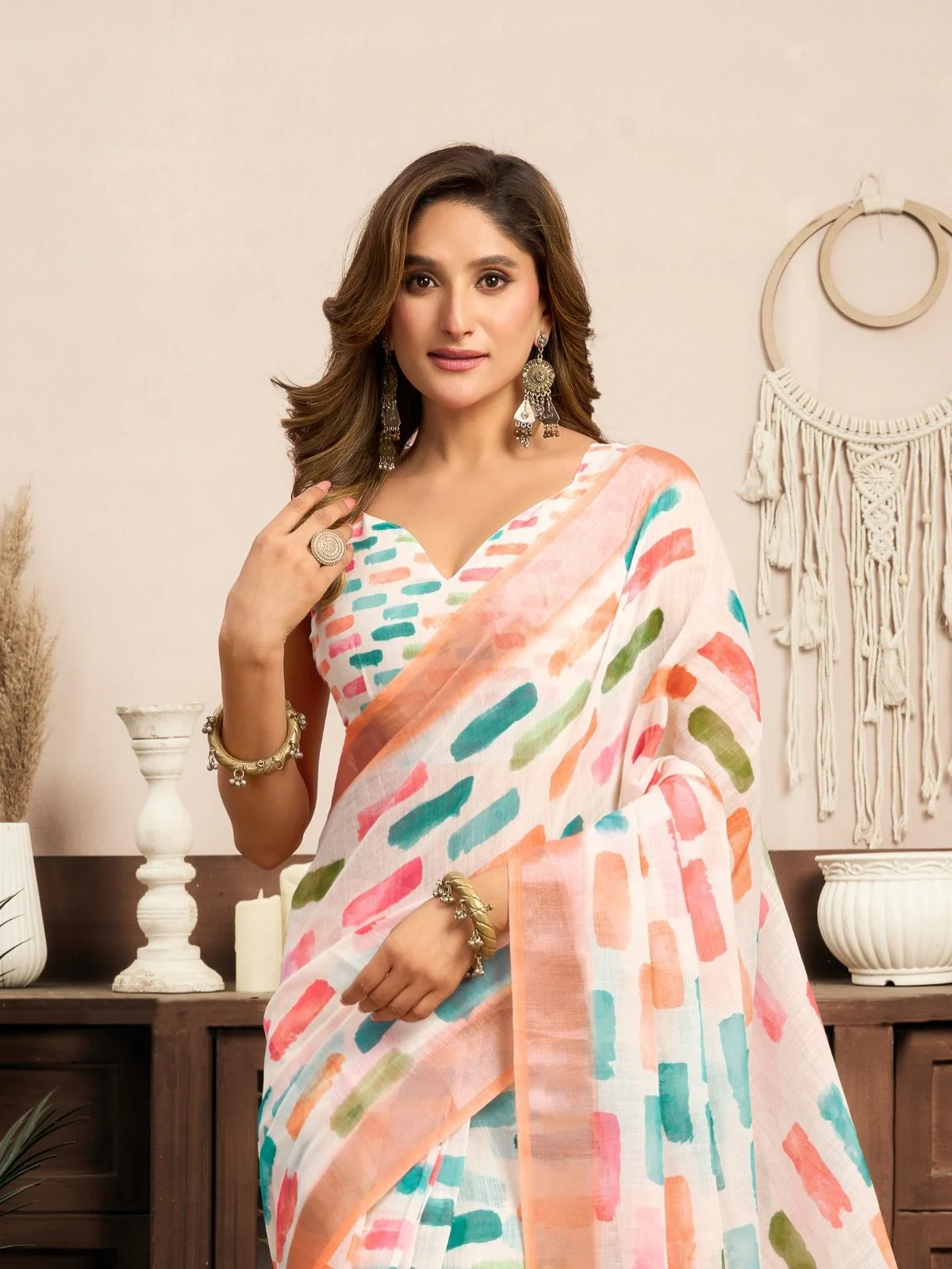 Odette Multicolour Cotton Linen Zari Work Saree For Women - Image 5