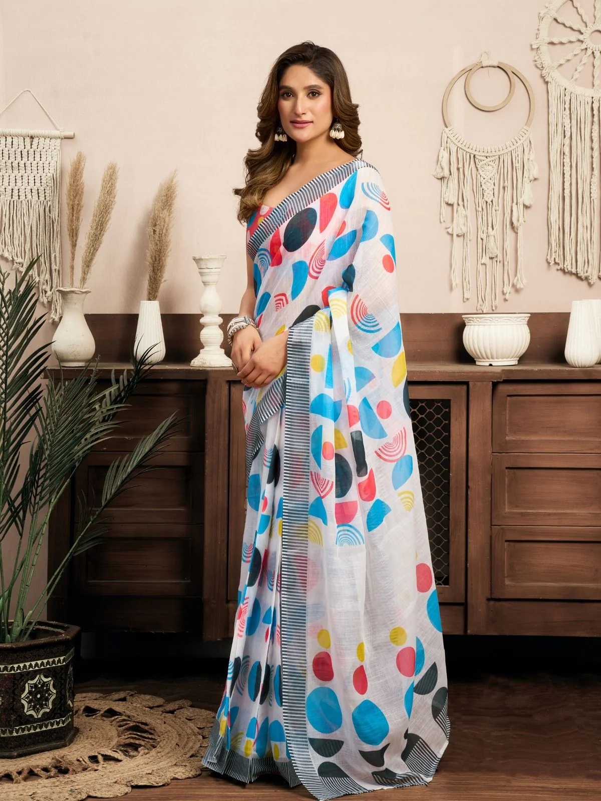 Odette Multicolour Cotton Linen Zari Work Saree For Women - Image 2