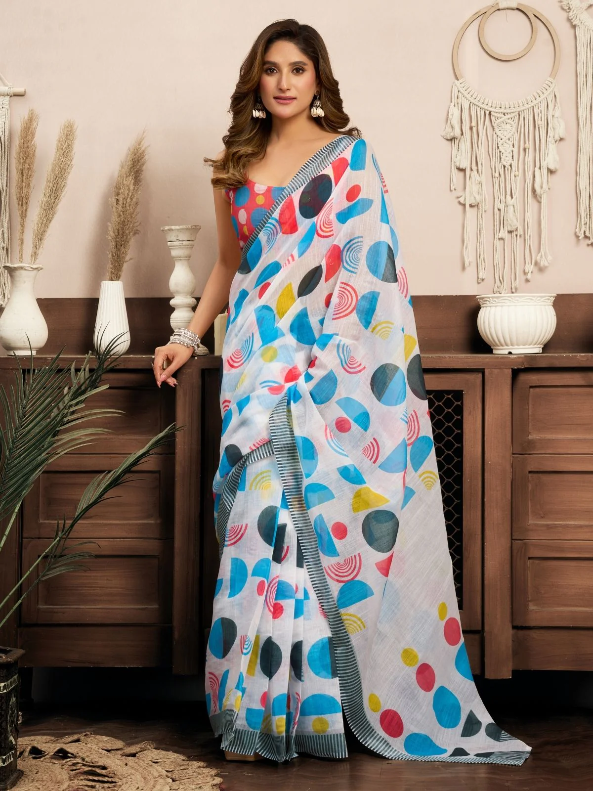Odette Multicolour Cotton Linen Zari Work Saree For Women - Image 3