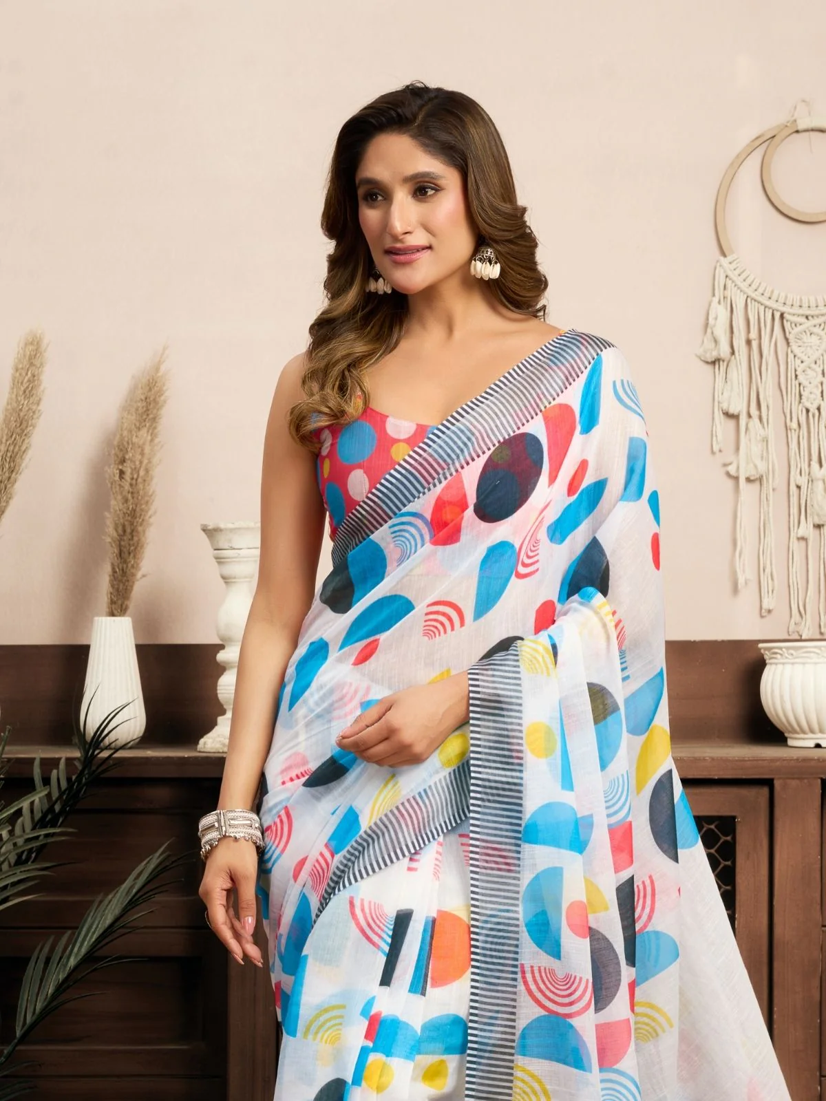 Odette Multicolour Cotton Linen Zari Work Saree For Women - Image 5