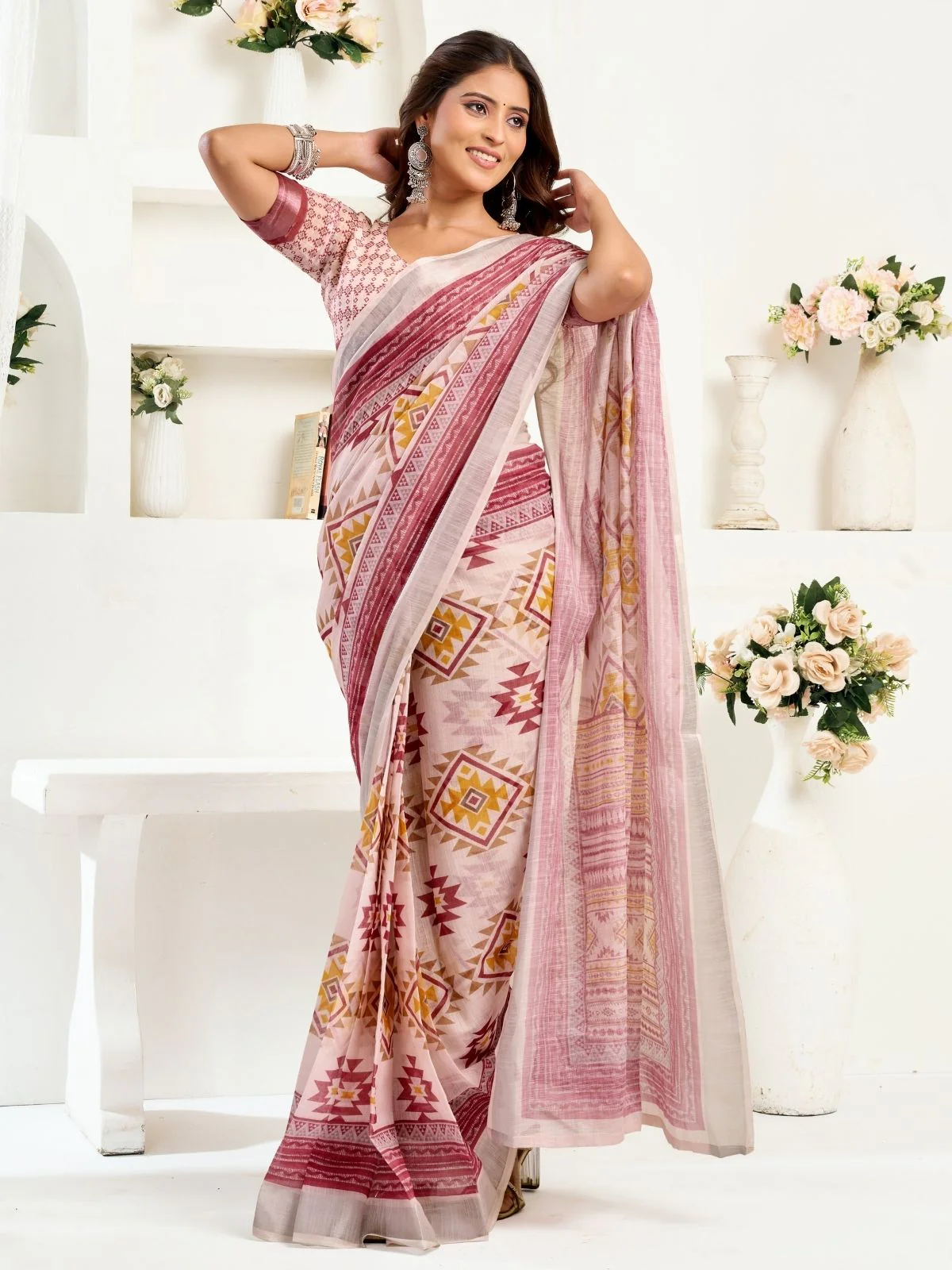 Odette Multicolour Cotton Linen Zari Work Saree For Women