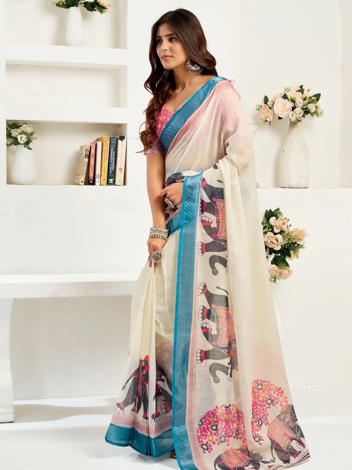 Odette Multicolour Cotton Linen Zari Work Saree For Women - Image 2