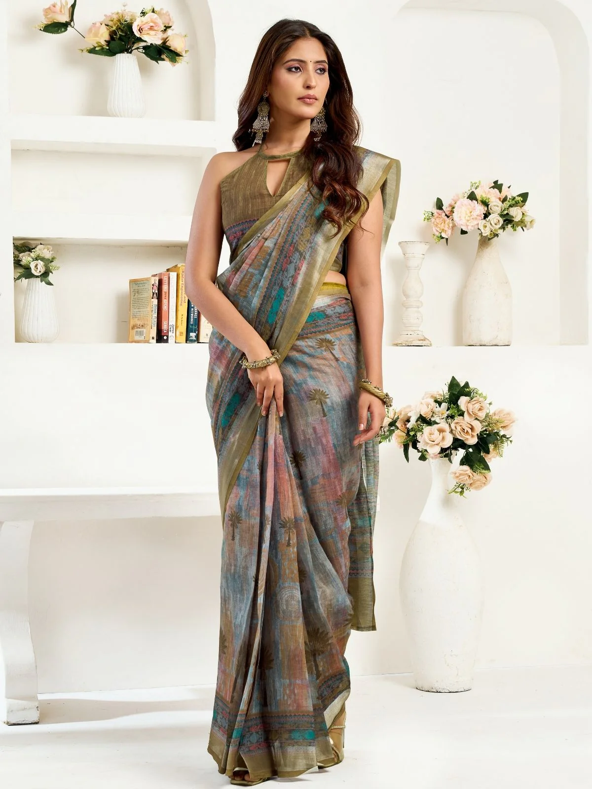 Odette Multicolour Cotton Linen Zari Work Saree For Women