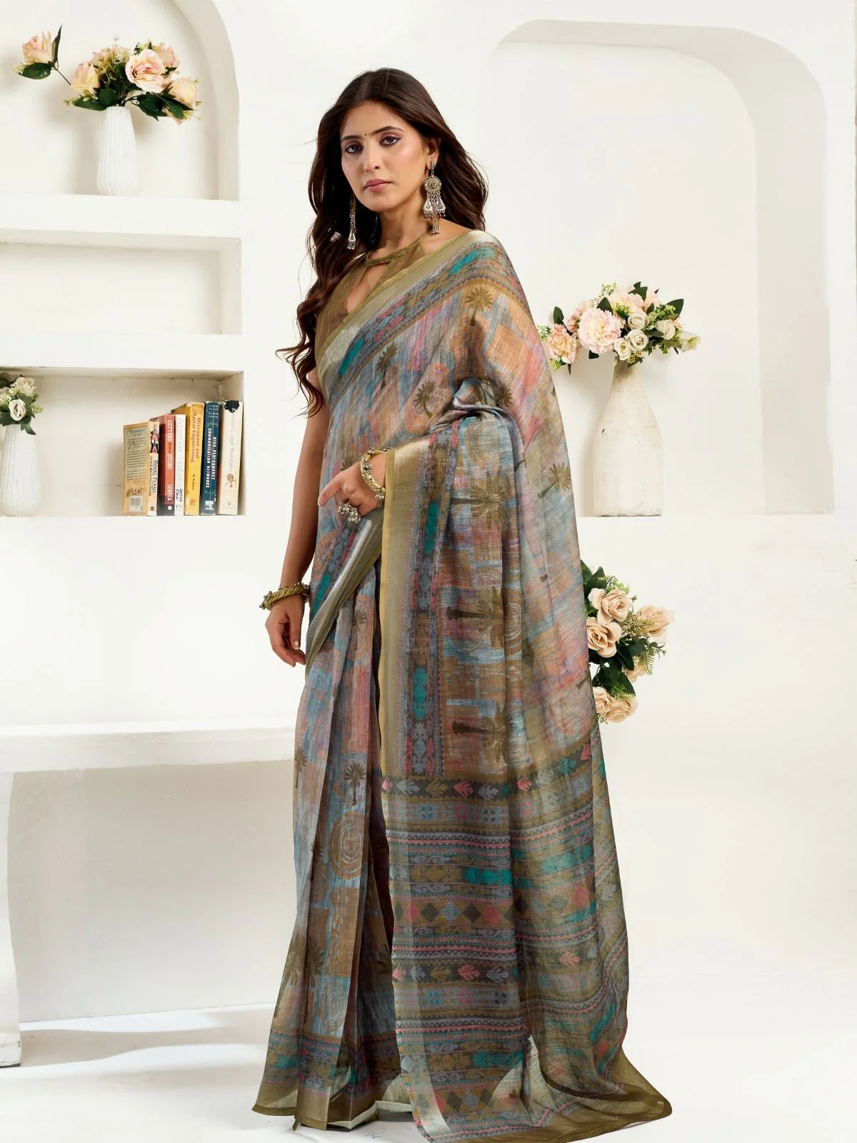 Odette Multicolour Cotton Linen Zari Work Saree For Women - Image 2