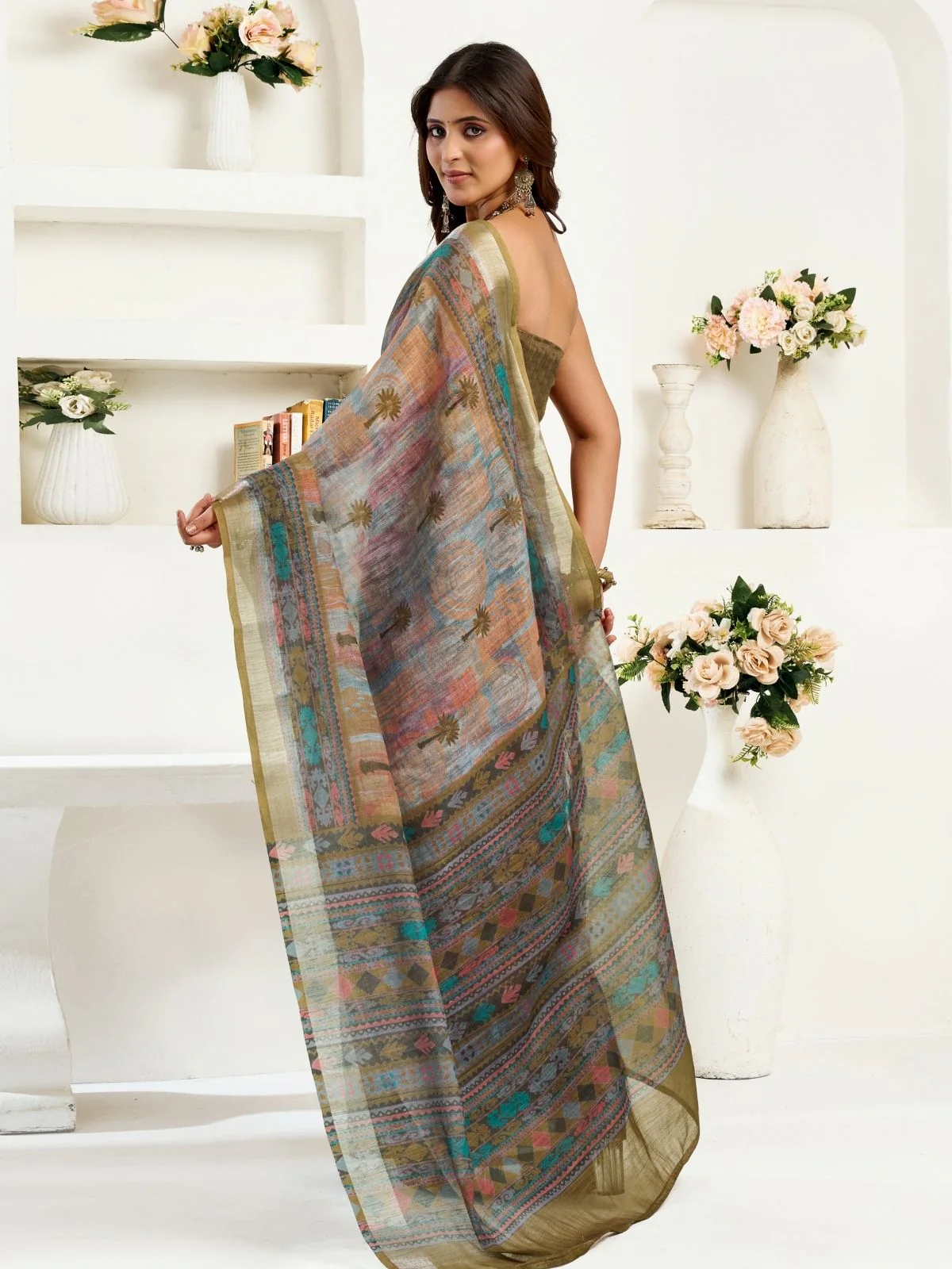 Odette Multicolour Cotton Linen Zari Work Saree For Women - Image 4
