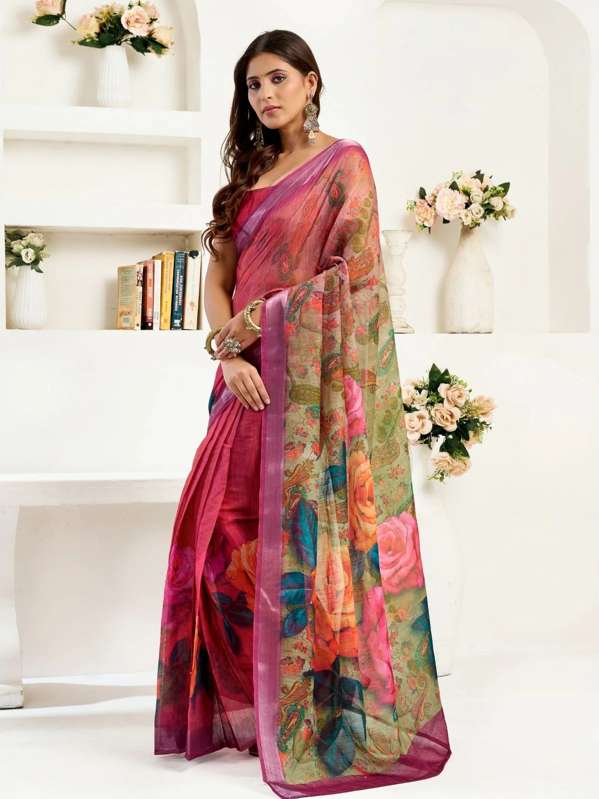 Odette Multicolour Cotton Linen Zari Work Saree For Women - Image 2
