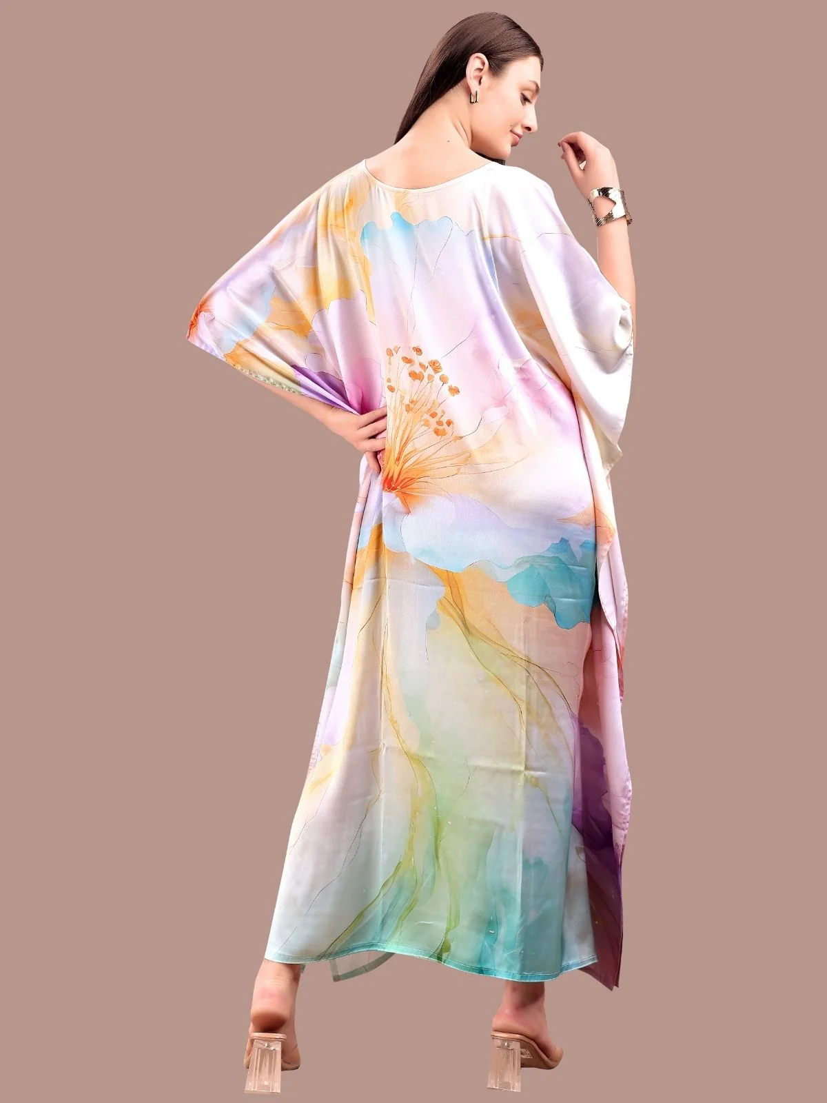 Odette Multicolor Satin Printed Kaftan For Women - Image 3