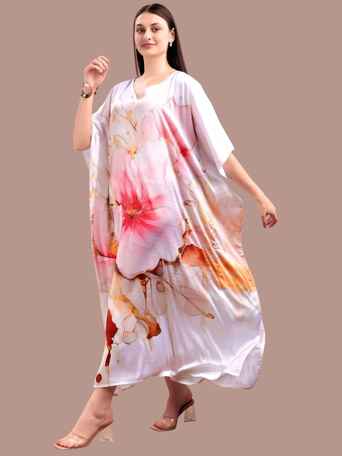 Odette Multicolor Satin Printed Kaftan For Women - Image 2