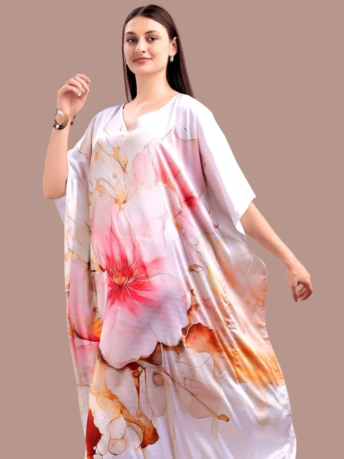 Odette Multicolor Satin Printed Kaftan For Women - Image 4