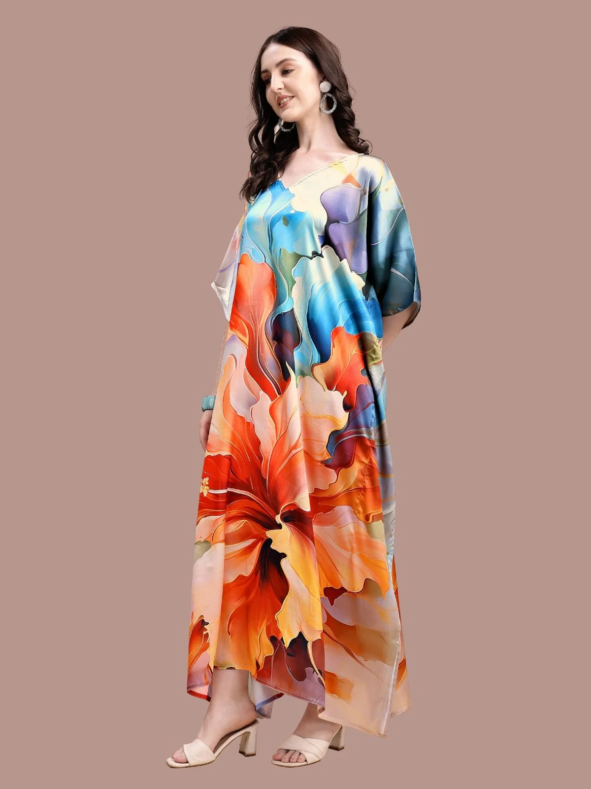 Odette Multicolor Satin Printed Kaftan For Women - Image 2