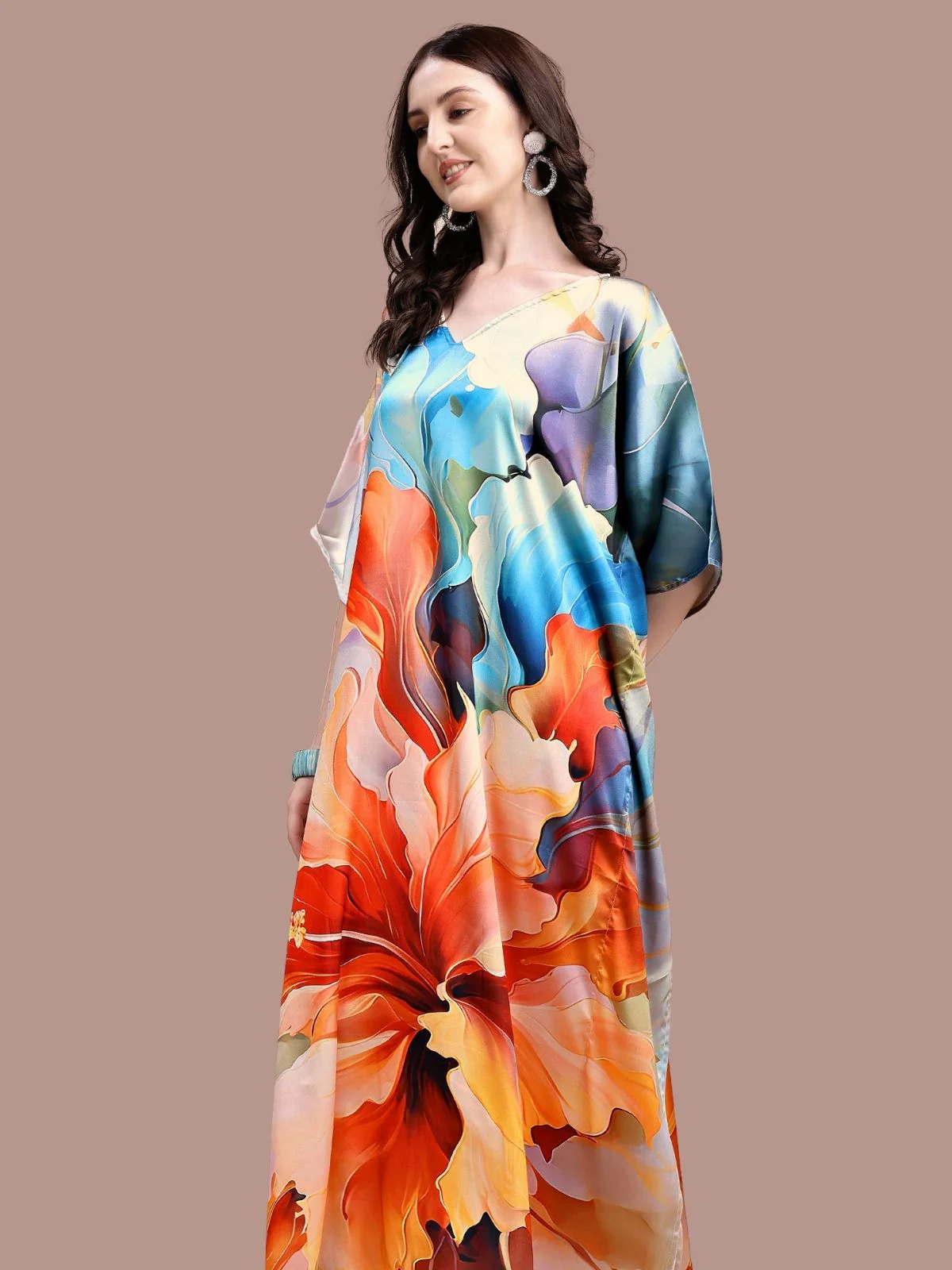 Odette Multicolor Satin Printed Kaftan For Women - Image 4