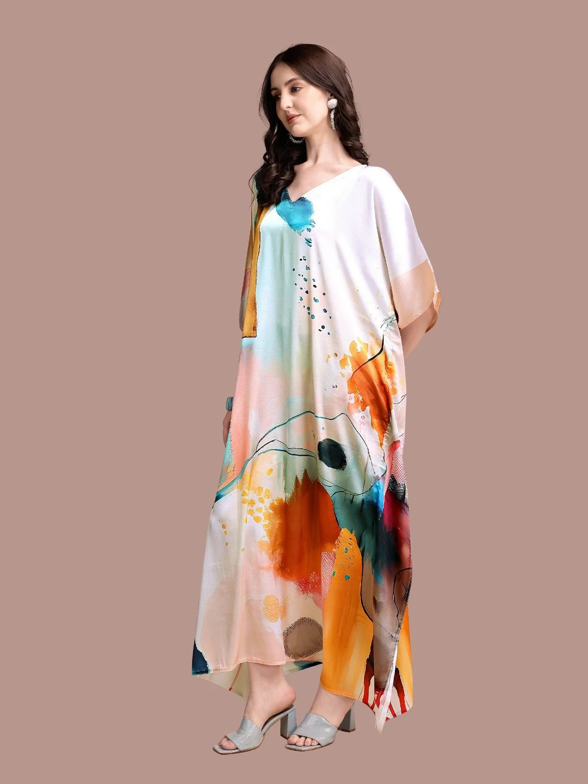 Odette Multicolor Satin Printed Kaftan For Women - Image 2