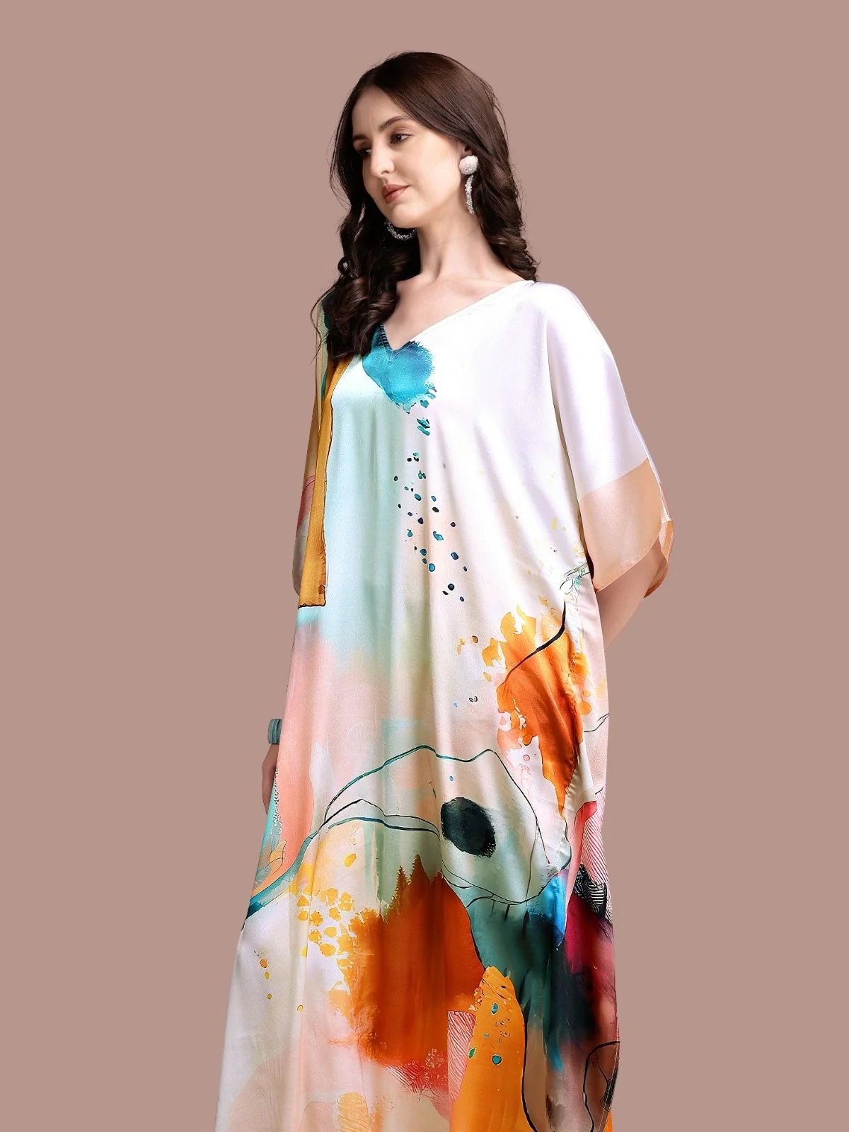 Odette Multicolor Satin Printed Kaftan For Women - Image 4