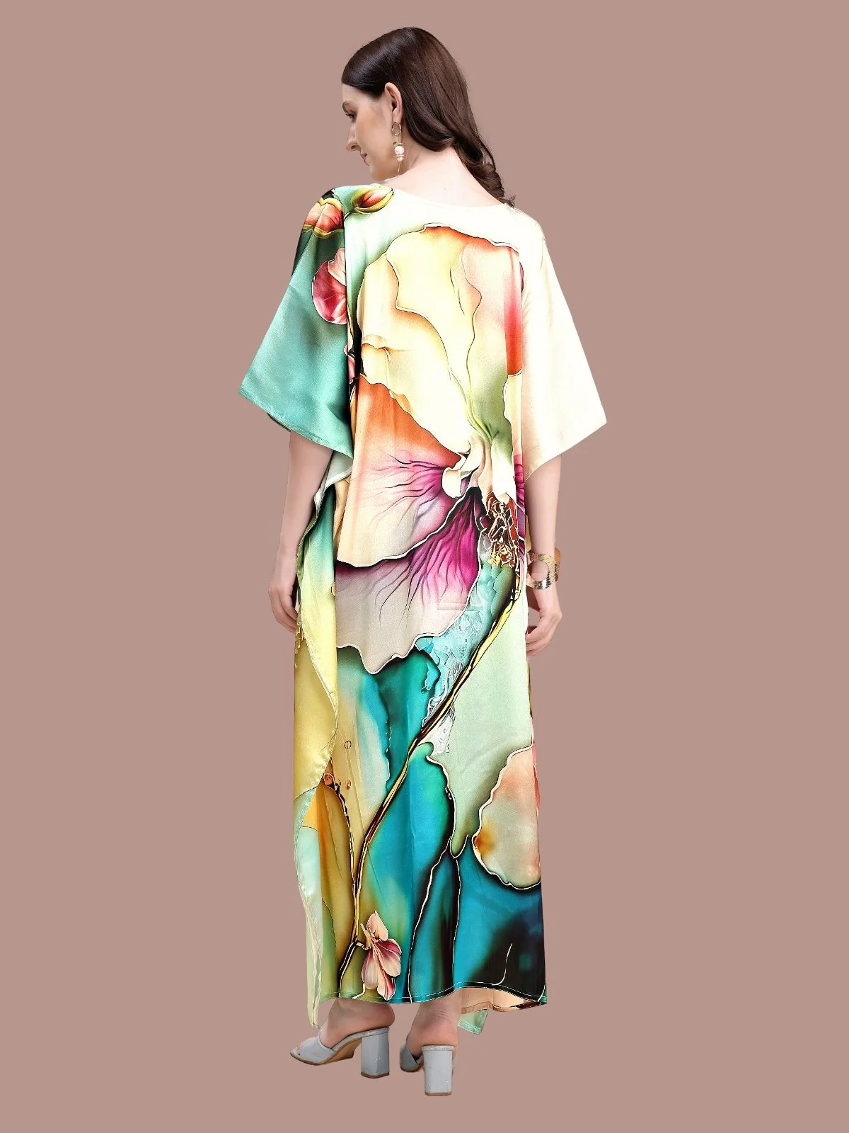 Odette Multicolor Satin Printed Kaftan For Women - Image 3