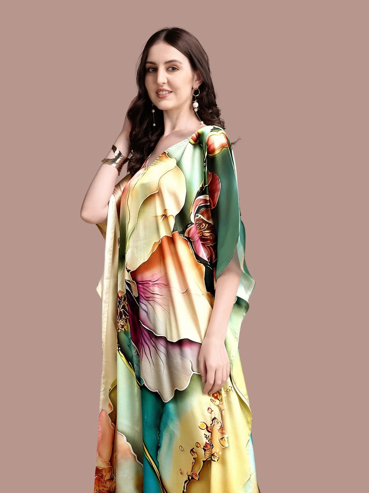 Odette Multicolor Satin Printed Kaftan For Women - Image 4