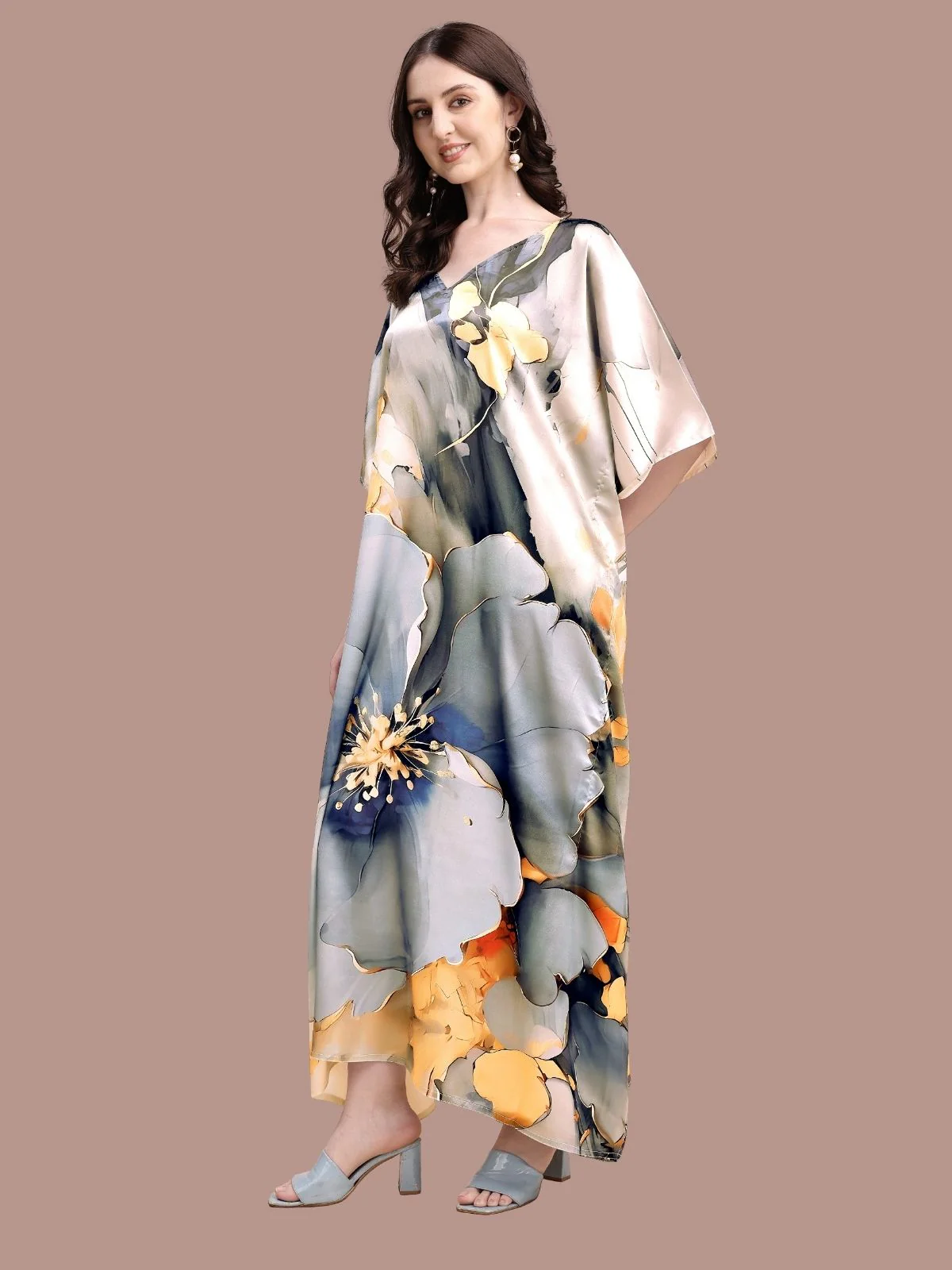 Odette Multicolor Satin Printed Kaftan For Women - Image 2
