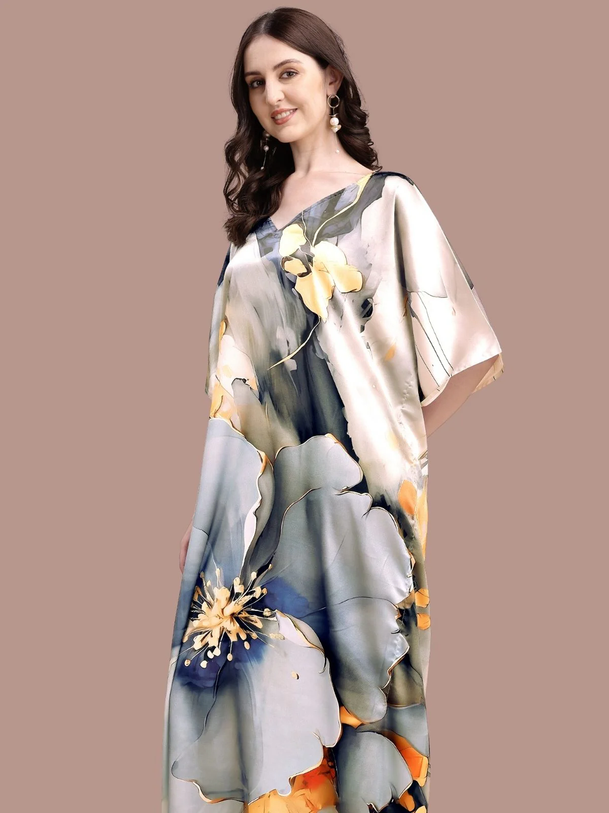 Odette Multicolor Satin Printed Kaftan For Women - Image 4