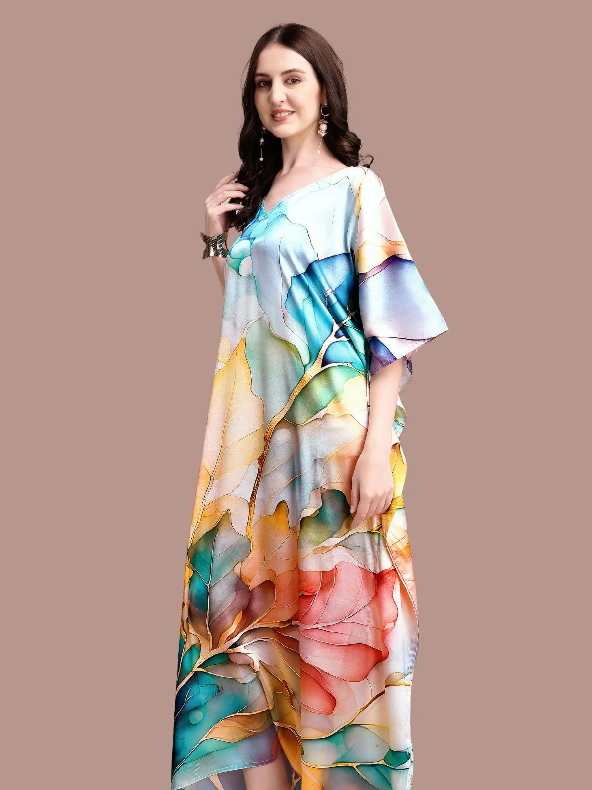 Odette Multicolor Satin Printed Kaftan For Women - Image 4