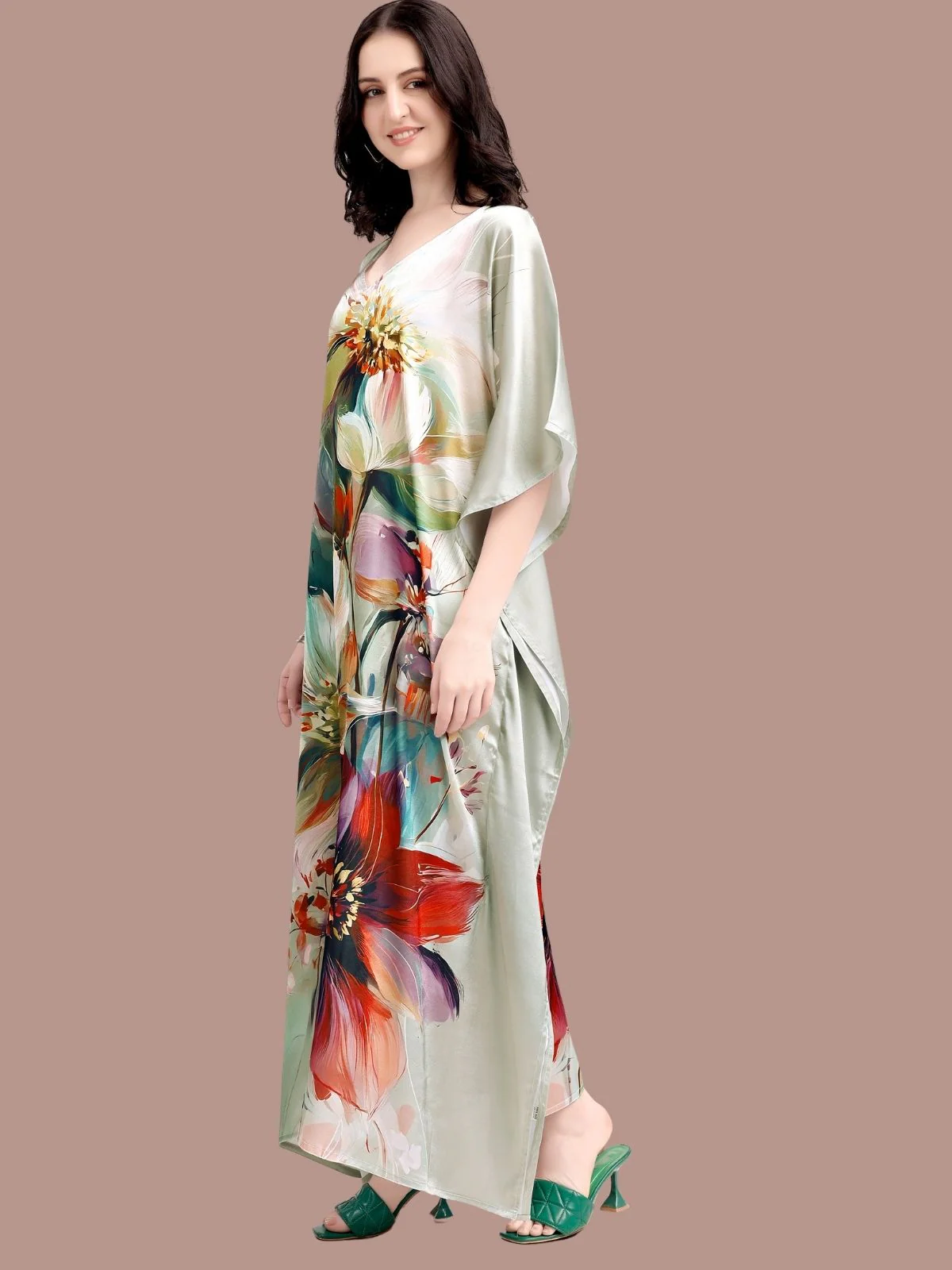 Odette Multicolor Satin Printed Kaftan For Women - Image 2