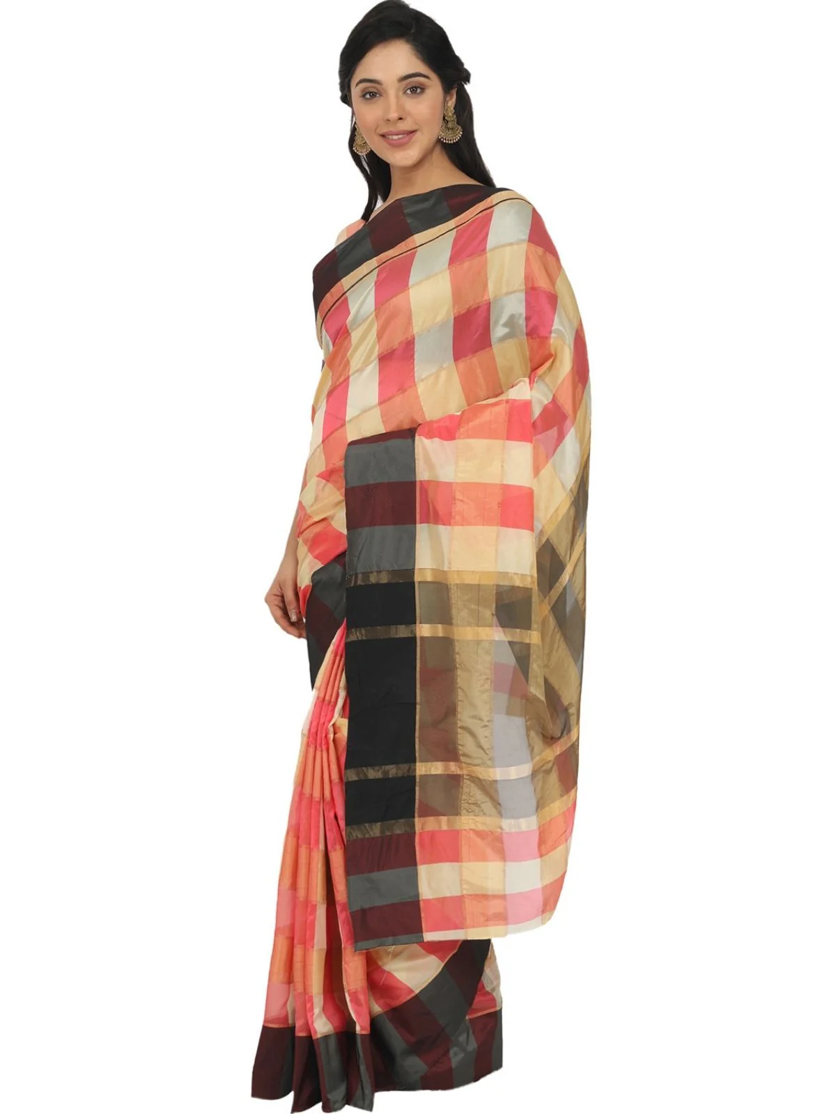 Odette Multicolour Silk Blend Checked Saree For Women - Image 3