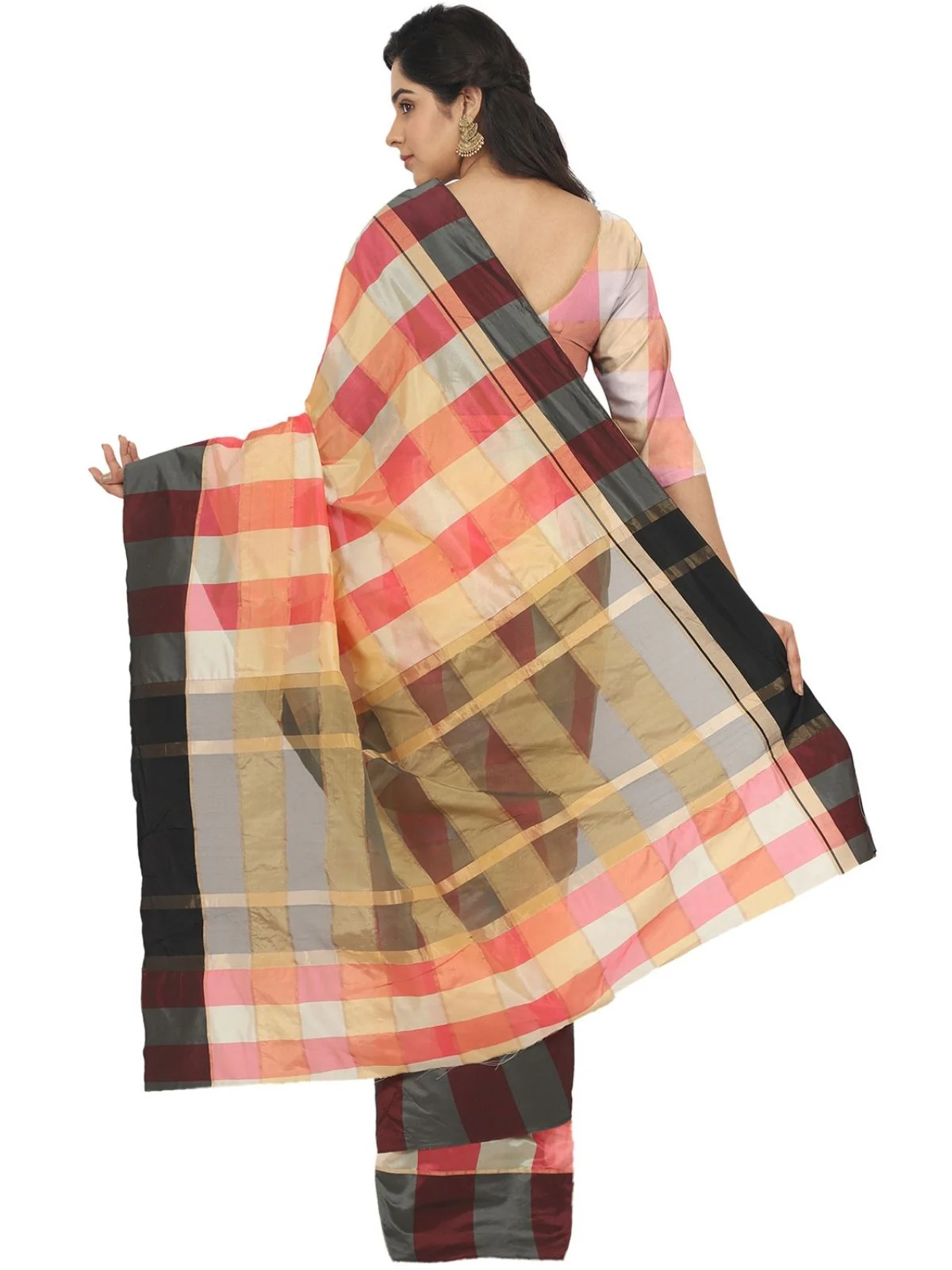 Odette Multicolour Silk Blend Checked Saree For Women - Image 4