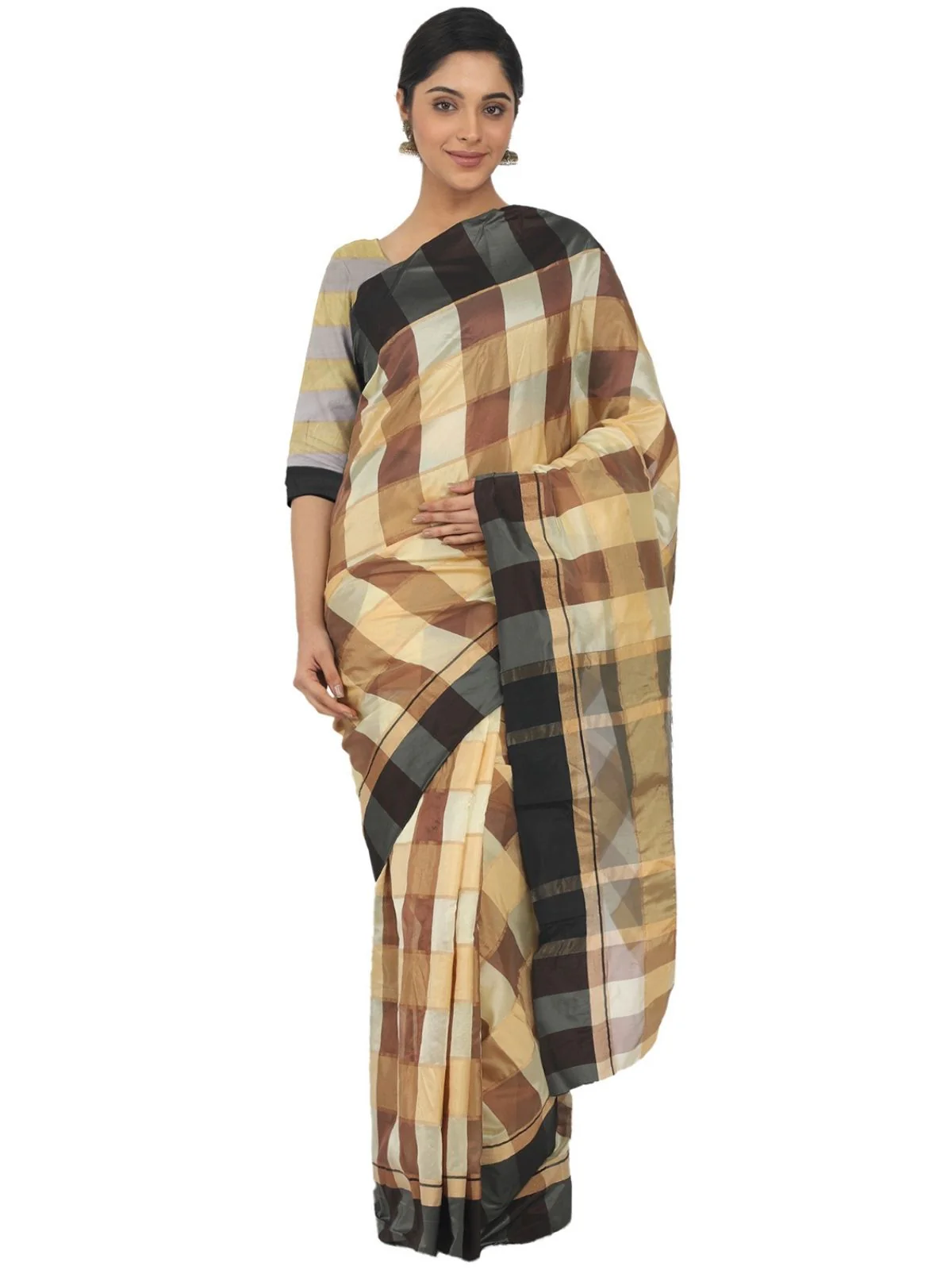 Odette Multicolour Silk Blend Checked Saree For Women