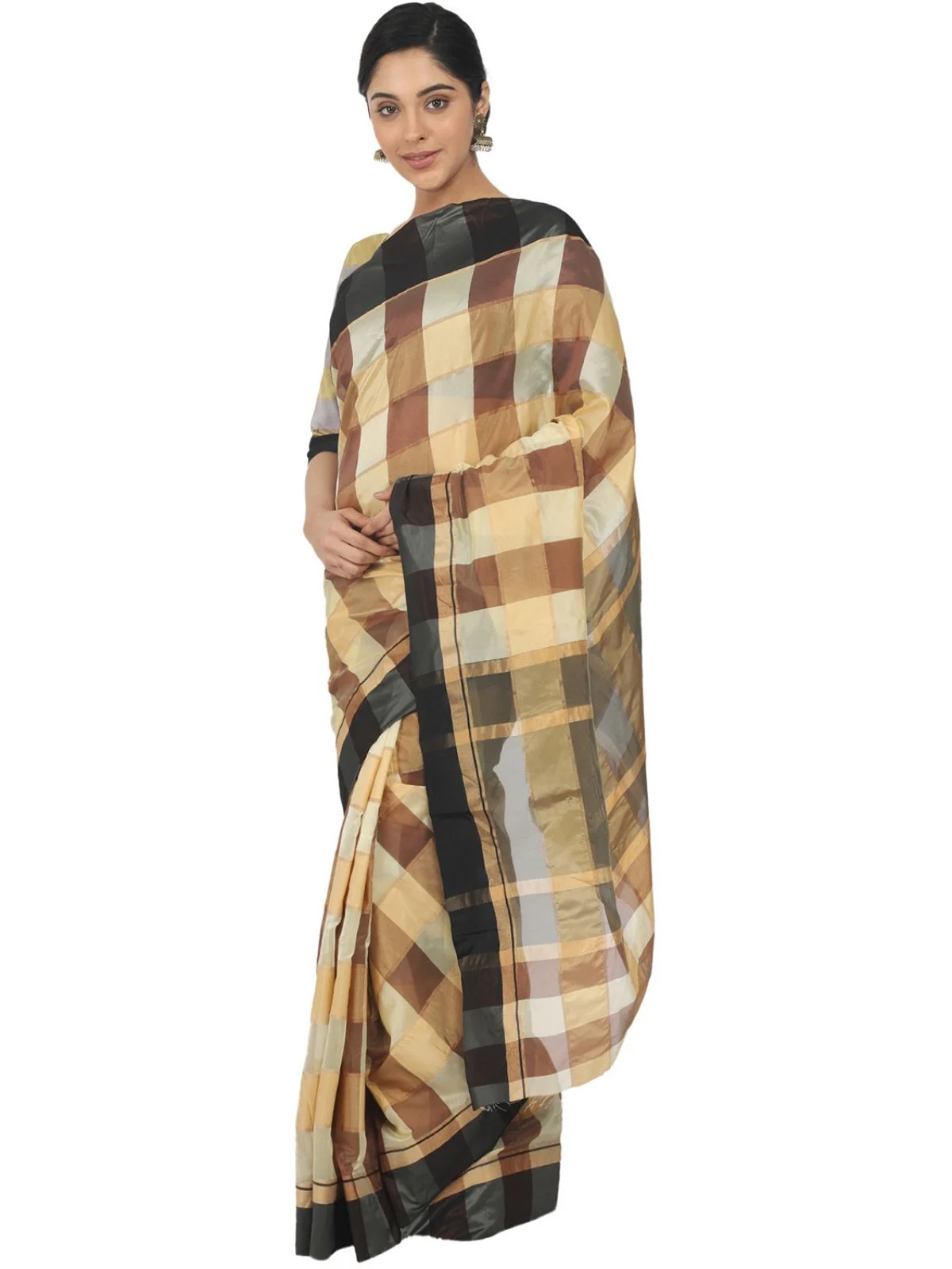 Odette Multicolour Silk Blend Checked Saree For Women - Image 3