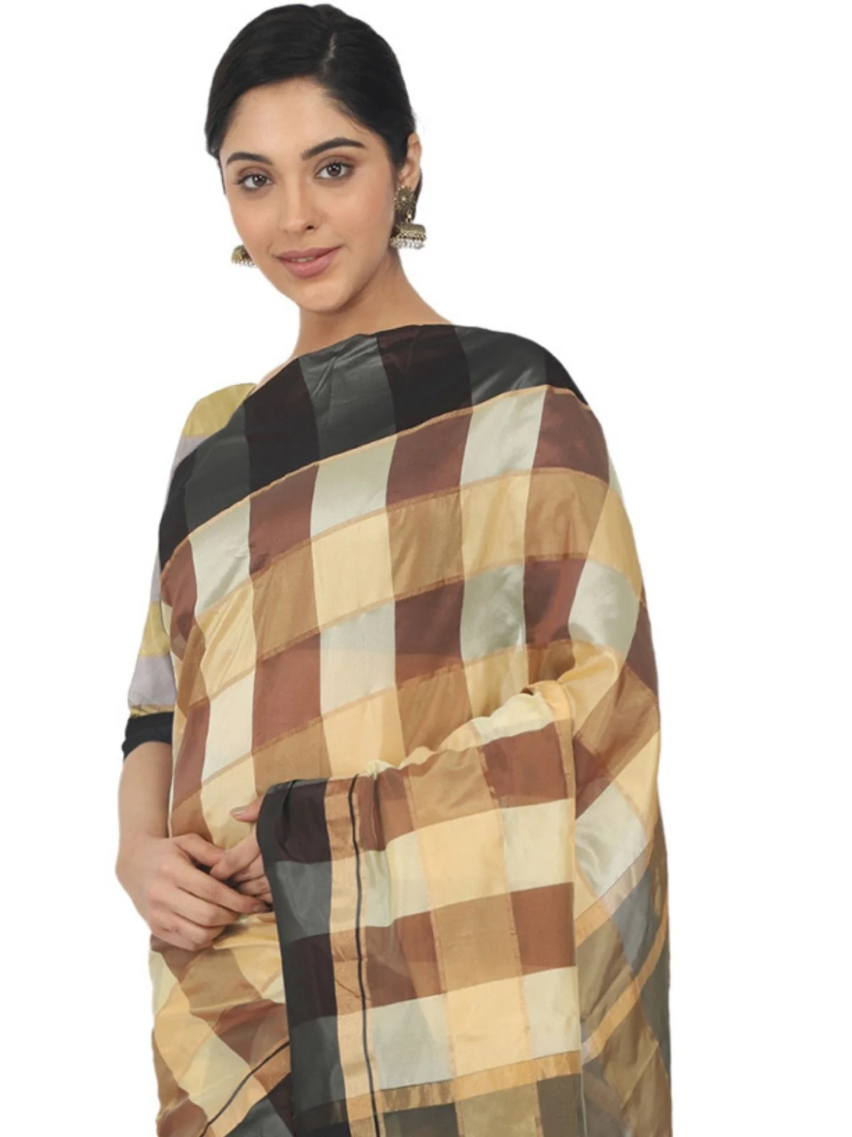 Odette Multicolour Silk Blend Checked Saree For Women - Image 5