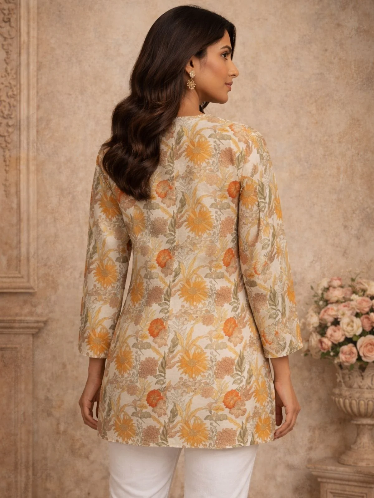 Odette Multicolour Silk Blend Floral Print Solid Kurti For Women - Image 3