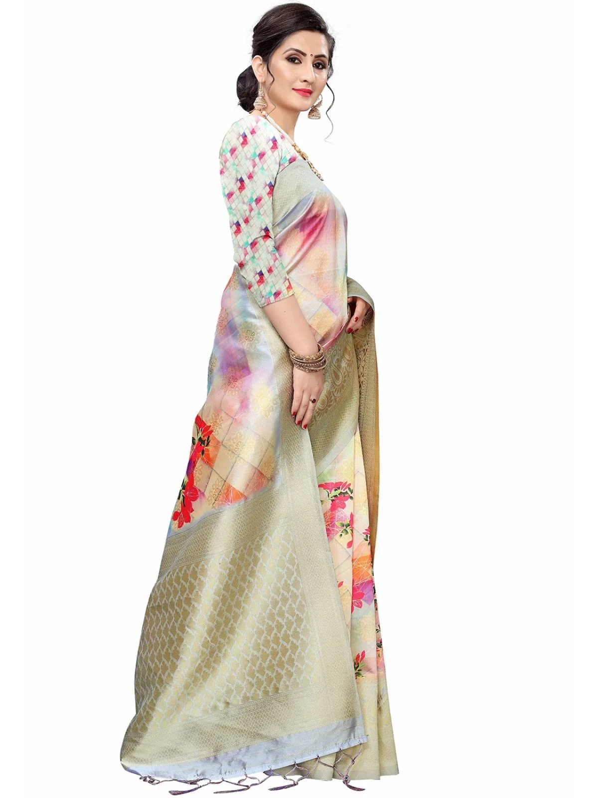 Odette Multicolour Silk Blend Floral Printed Saree For Women - Image 2