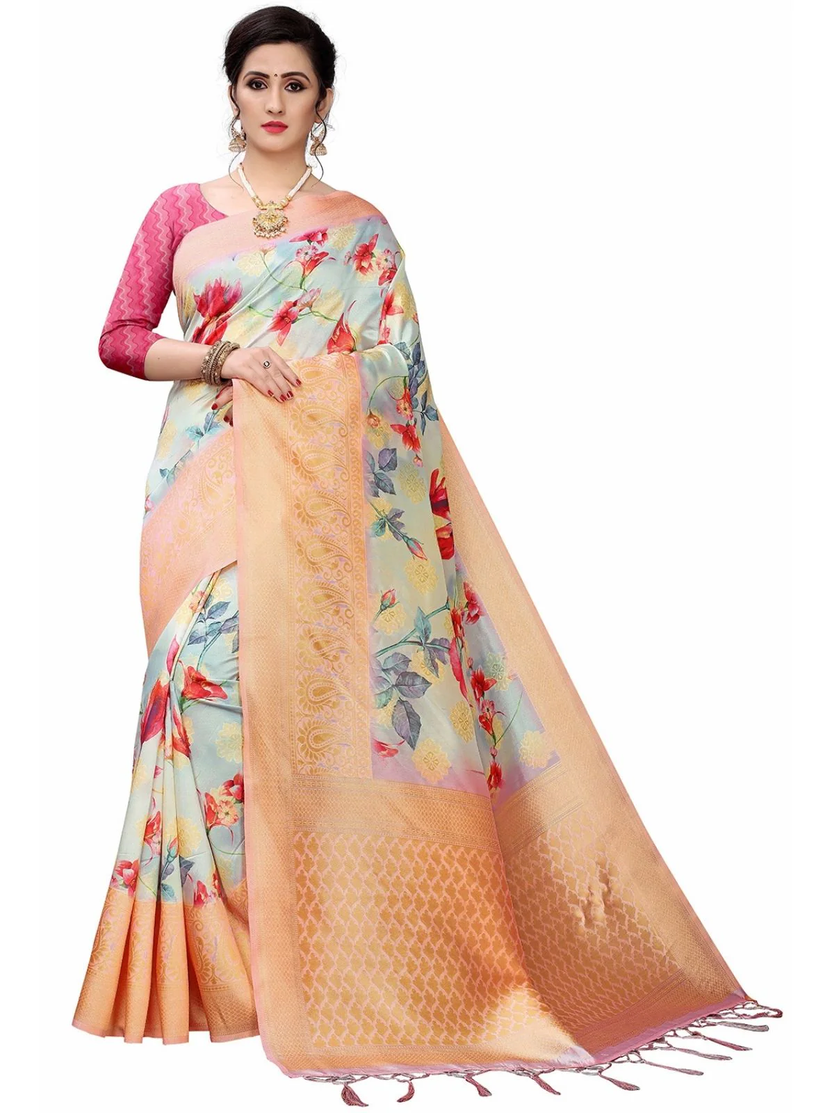 Odette Multicolour Silk Blend Floral Printed Saree For Women