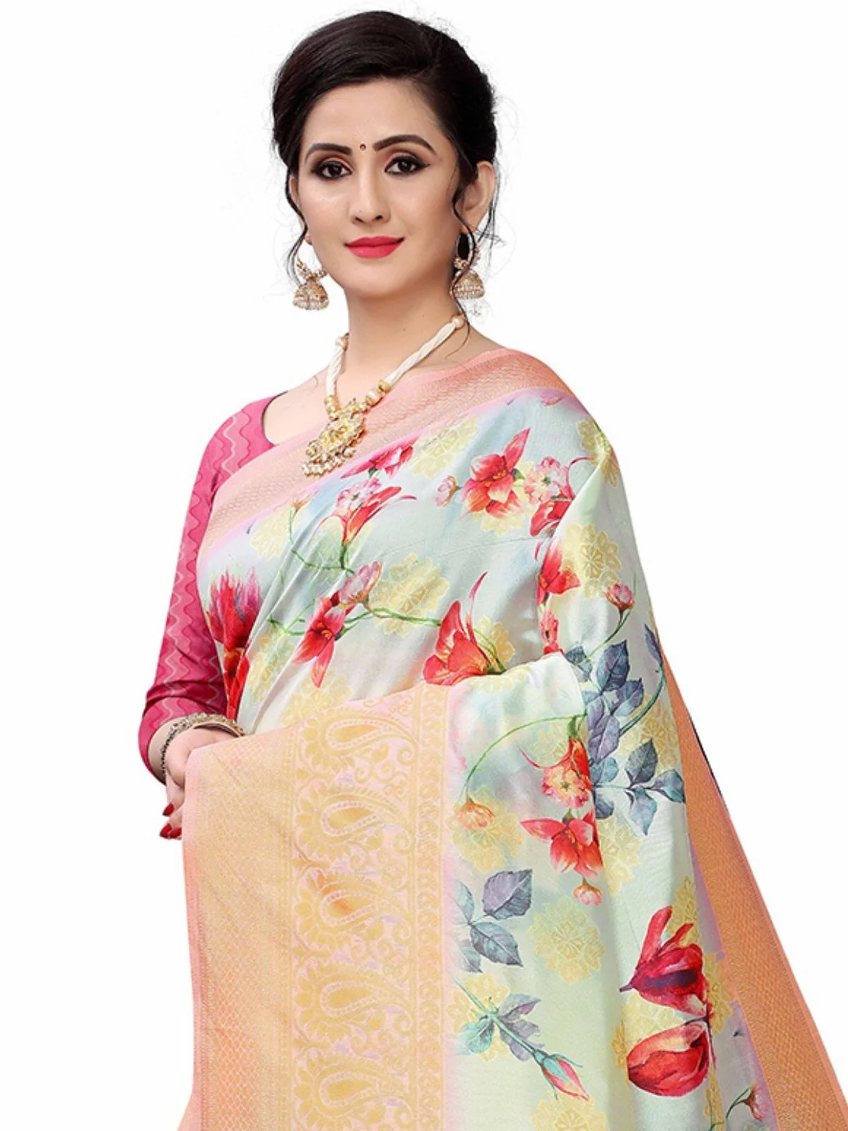 Odette Multicolour Silk Blend Floral Printed Saree For Women - Image 4