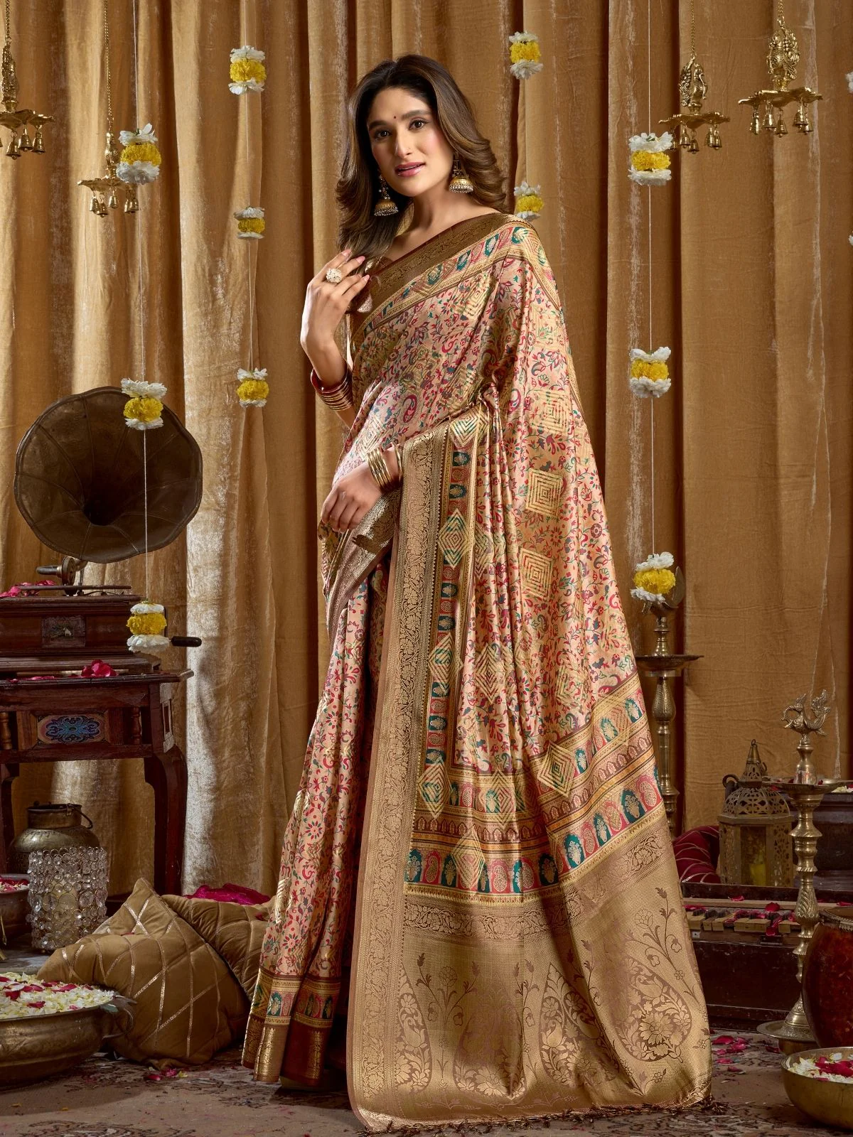 Odette Multicolour Silk Blend Printed Banarasi Saree For Women - Image 2