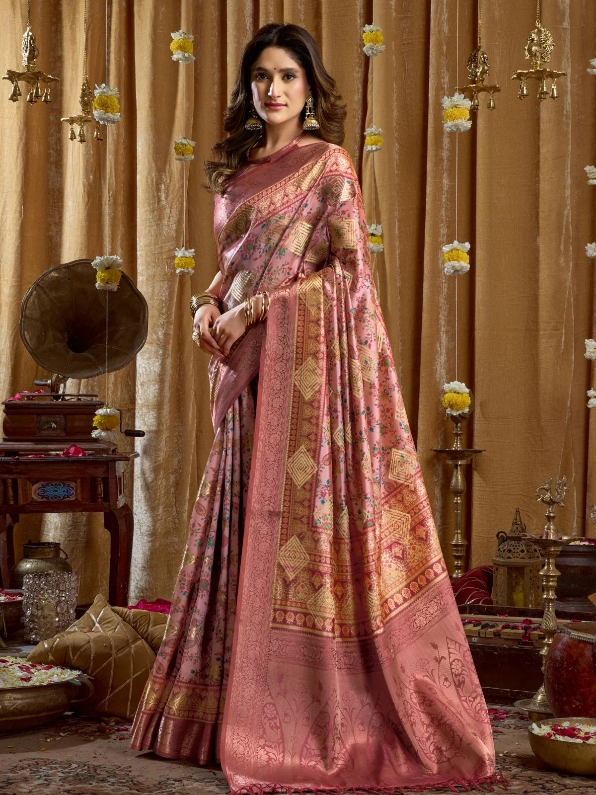 Odette Multicolour Silk Blend Printed Banarasi Saree For Women - Image 2